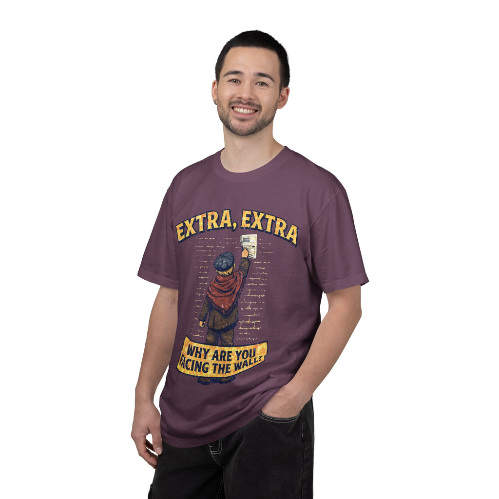 T-Shirt — "Extra, Extra: Why Are You Facing the Wall?" Vintage Newsboy Graphic