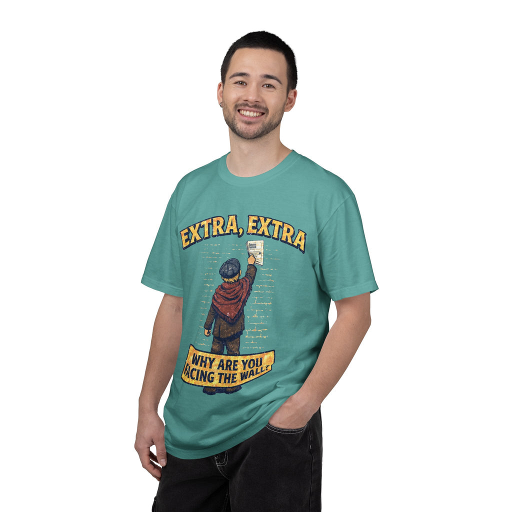 T-Shirt — "Extra, Extra: Why Are You Facing the Wall?" Vintage Newsboy Graphic
