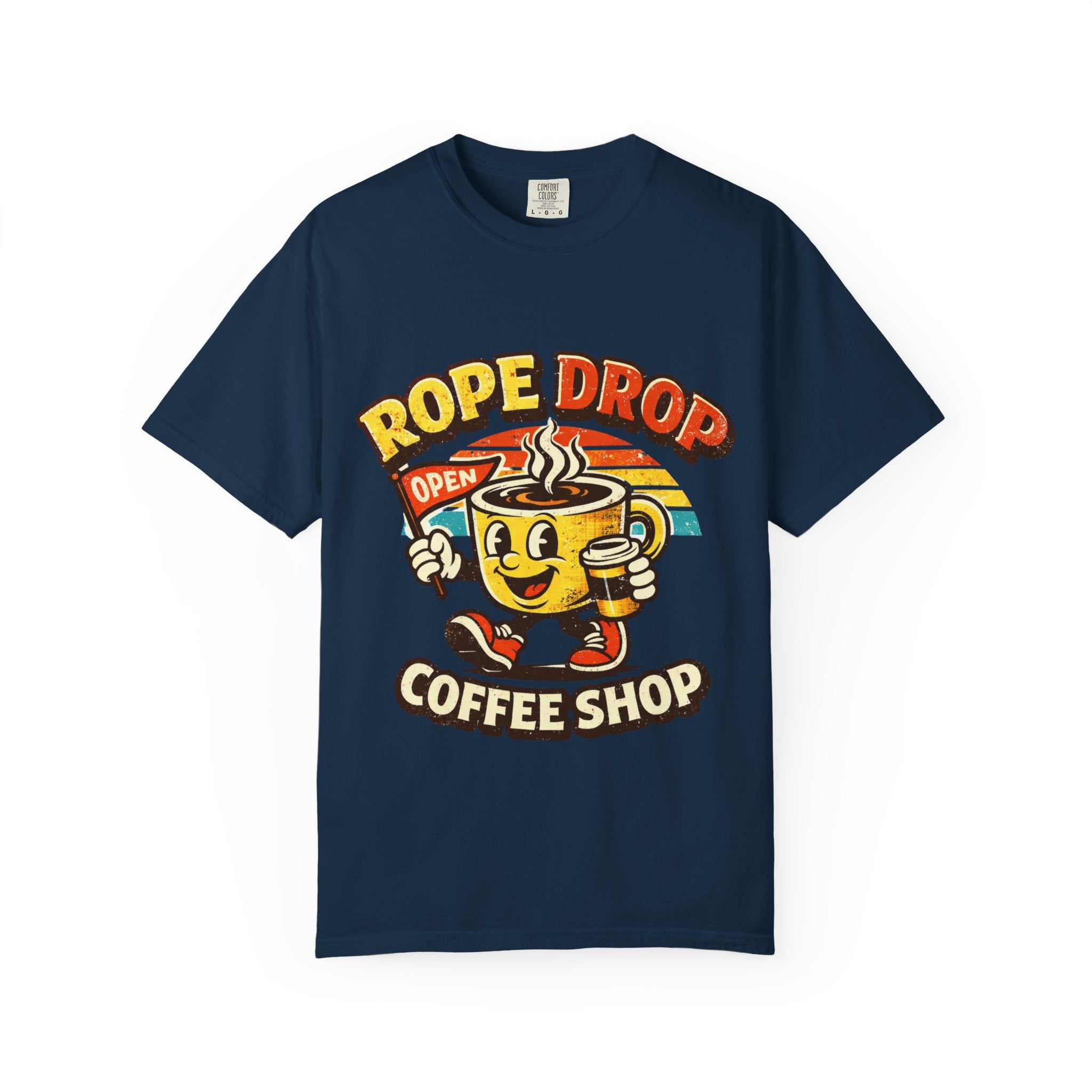 Coffee Shop T‑Shirt — 'Rope Drop' Retro Mascot Logo