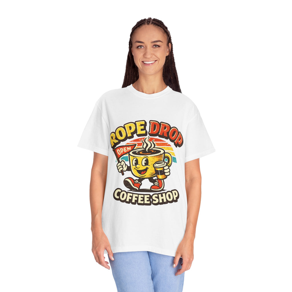 Coffee Shop T‑Shirt — 'Rope Drop' Retro Mascot Logo