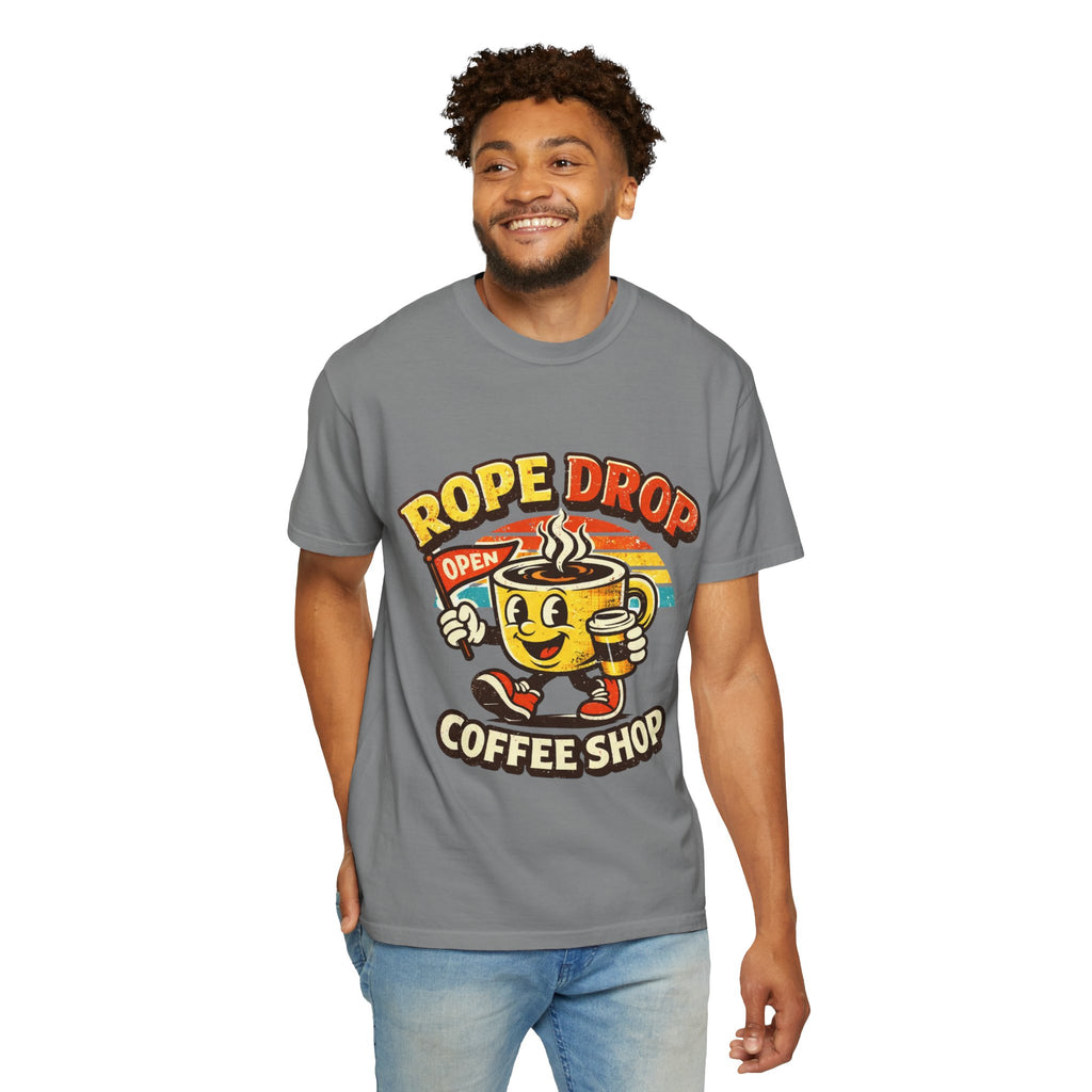 Coffee Shop T‑Shirt — 'Rope Drop' Retro Mascot Logo