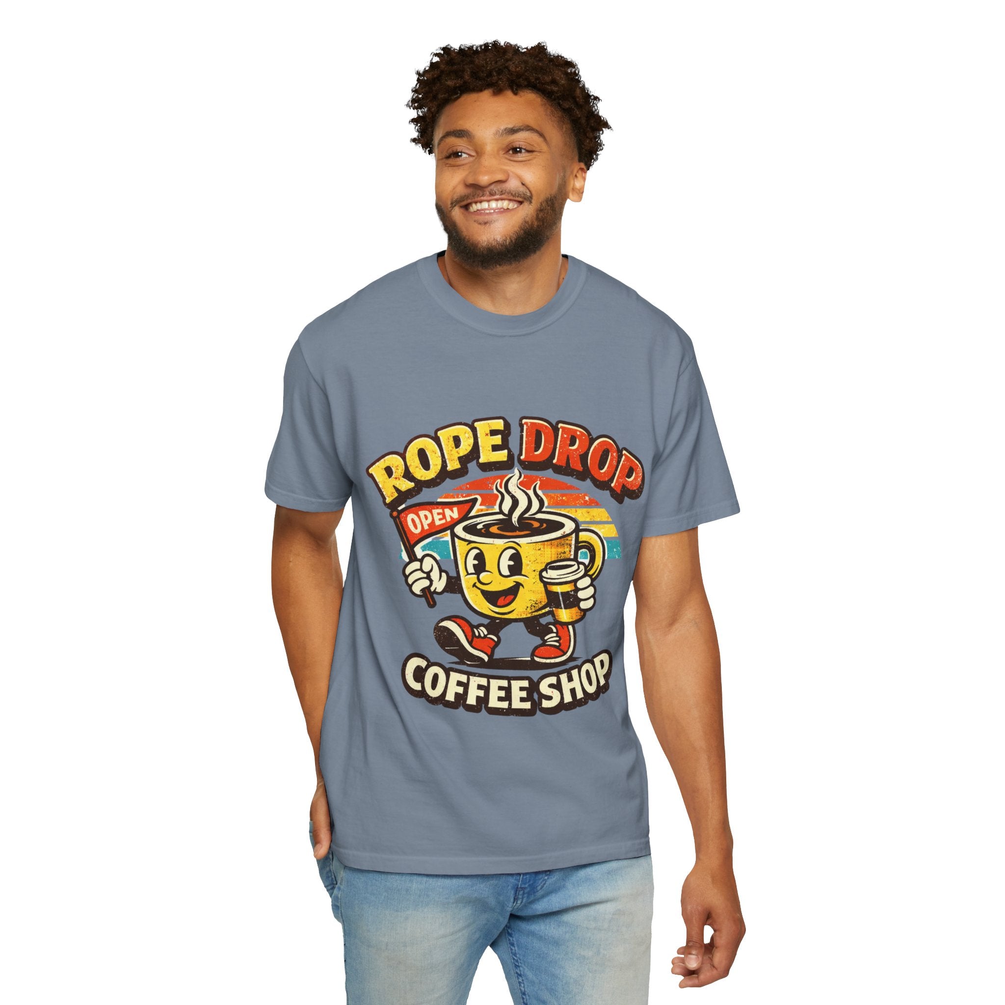 Coffee Shop T‑Shirt — 'Rope Drop' Retro Mascot Logo