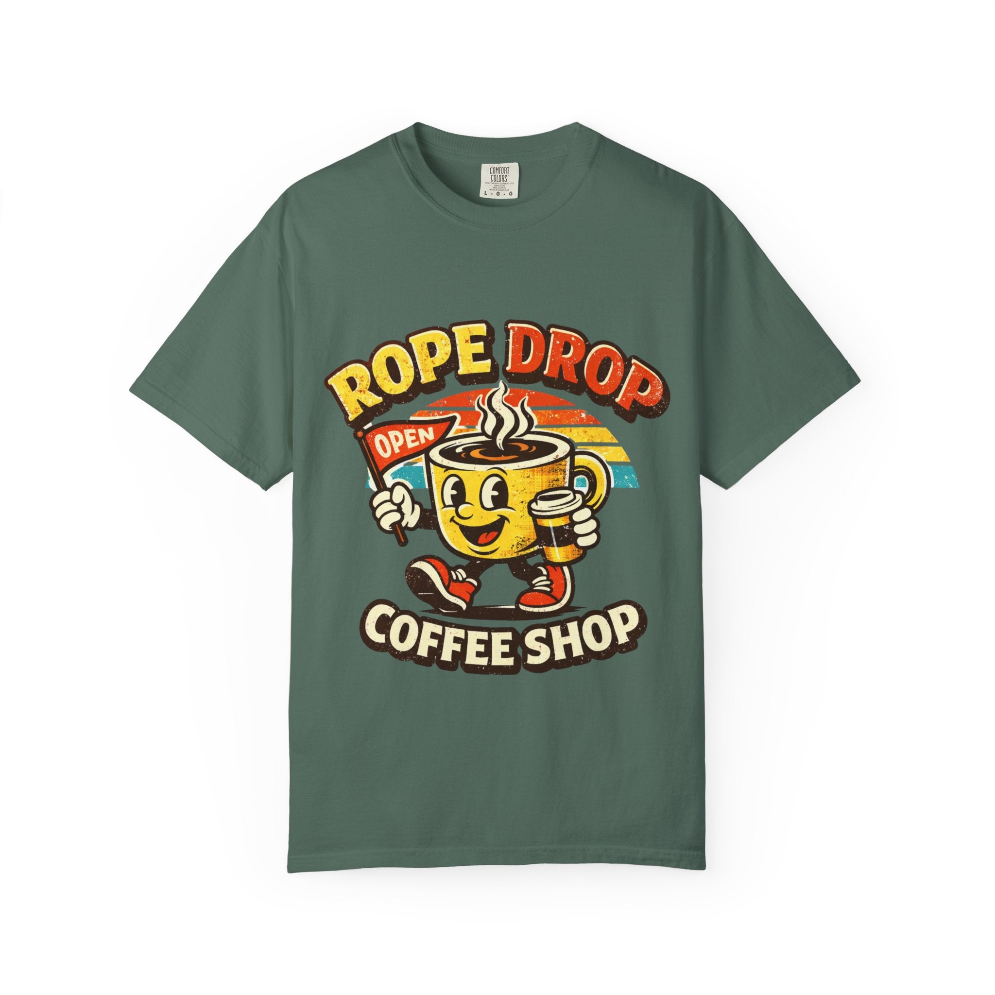 Coffee Shop T‑Shirt — 'Rope Drop' Retro Mascot Logo