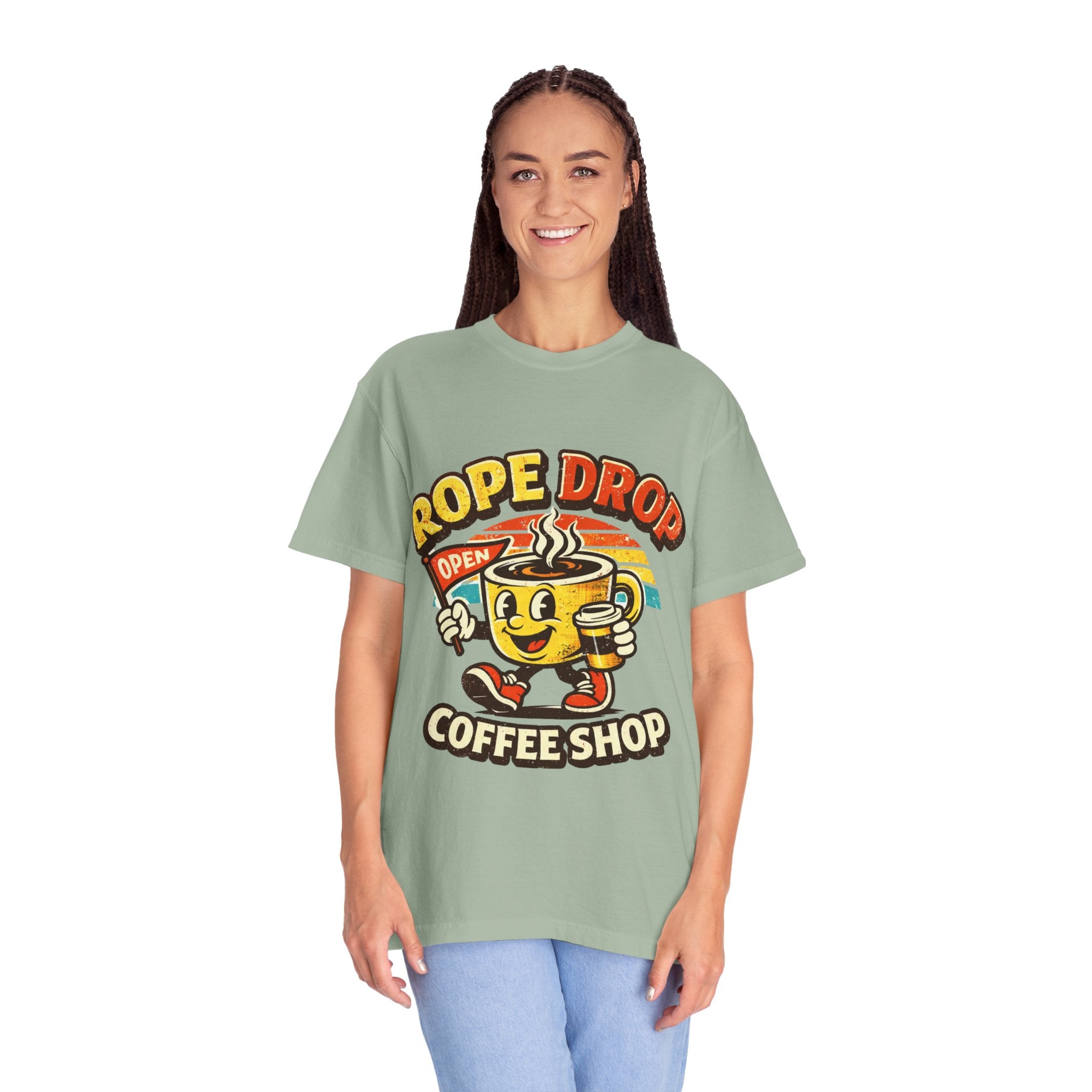 Coffee Shop T‑Shirt — 'Rope Drop' Retro Mascot Logo