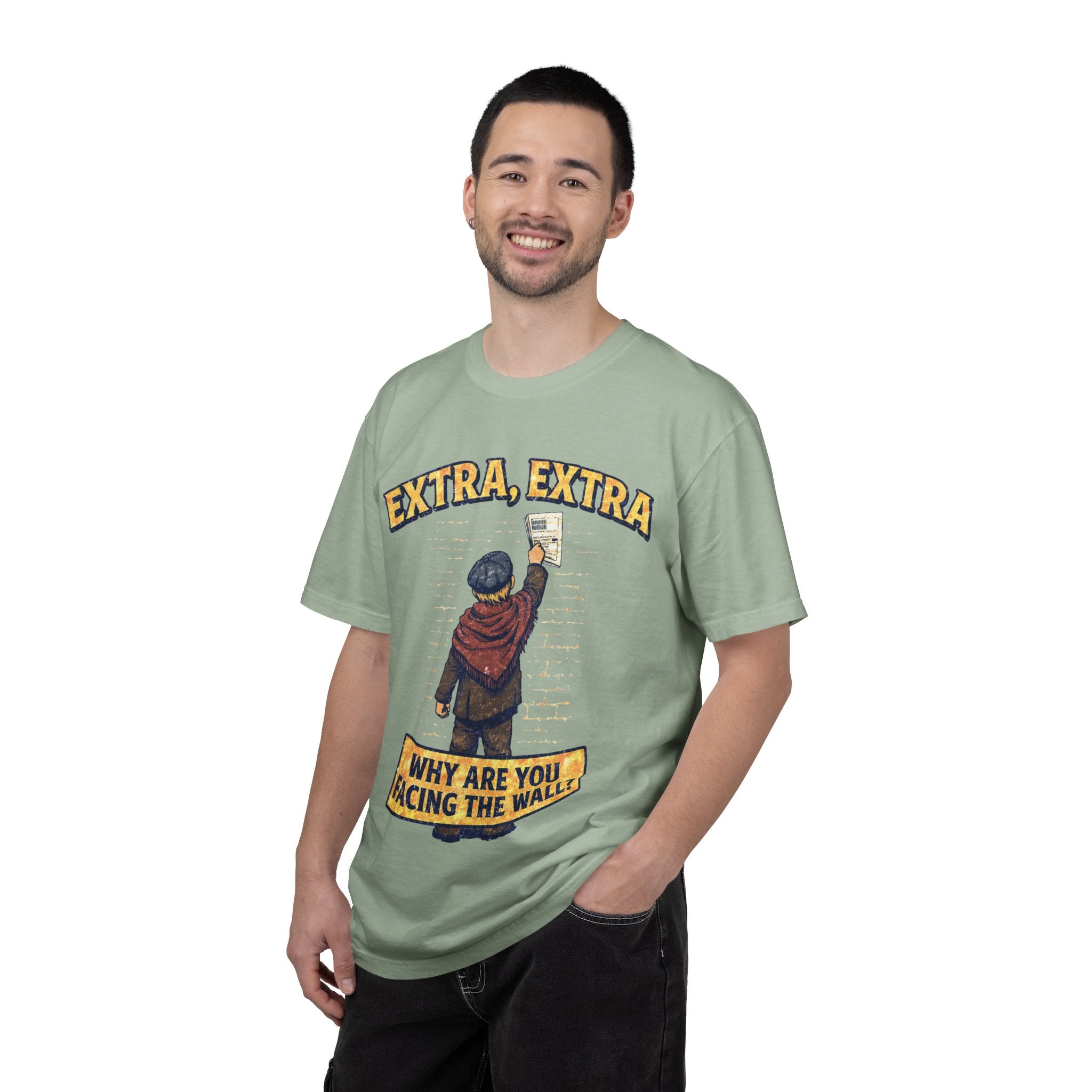 T-Shirt — "Extra, Extra: Why Are You Facing the Wall?" Vintage Newsboy Graphic