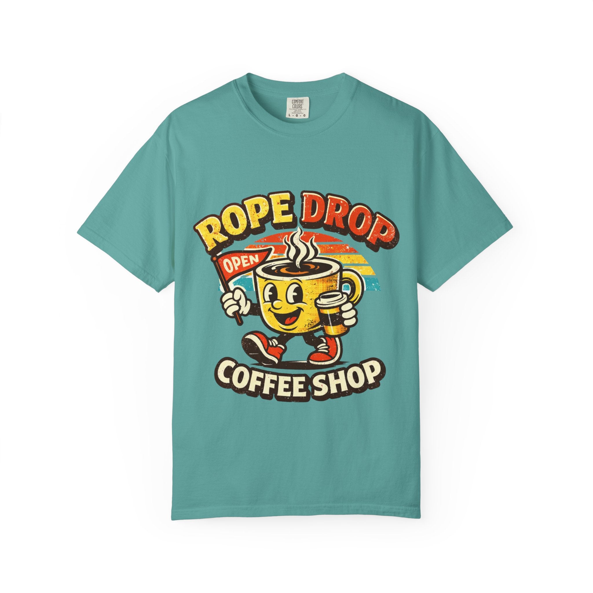Coffee Shop T‑Shirt — 'Rope Drop' Retro Mascot Logo