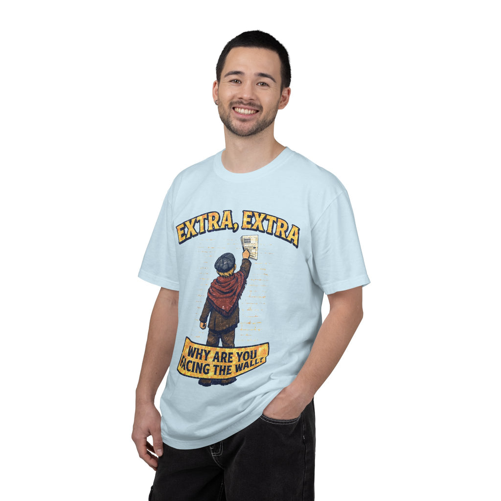 T-Shirt — "Extra, Extra: Why Are You Facing the Wall?" Vintage Newsboy Graphic
