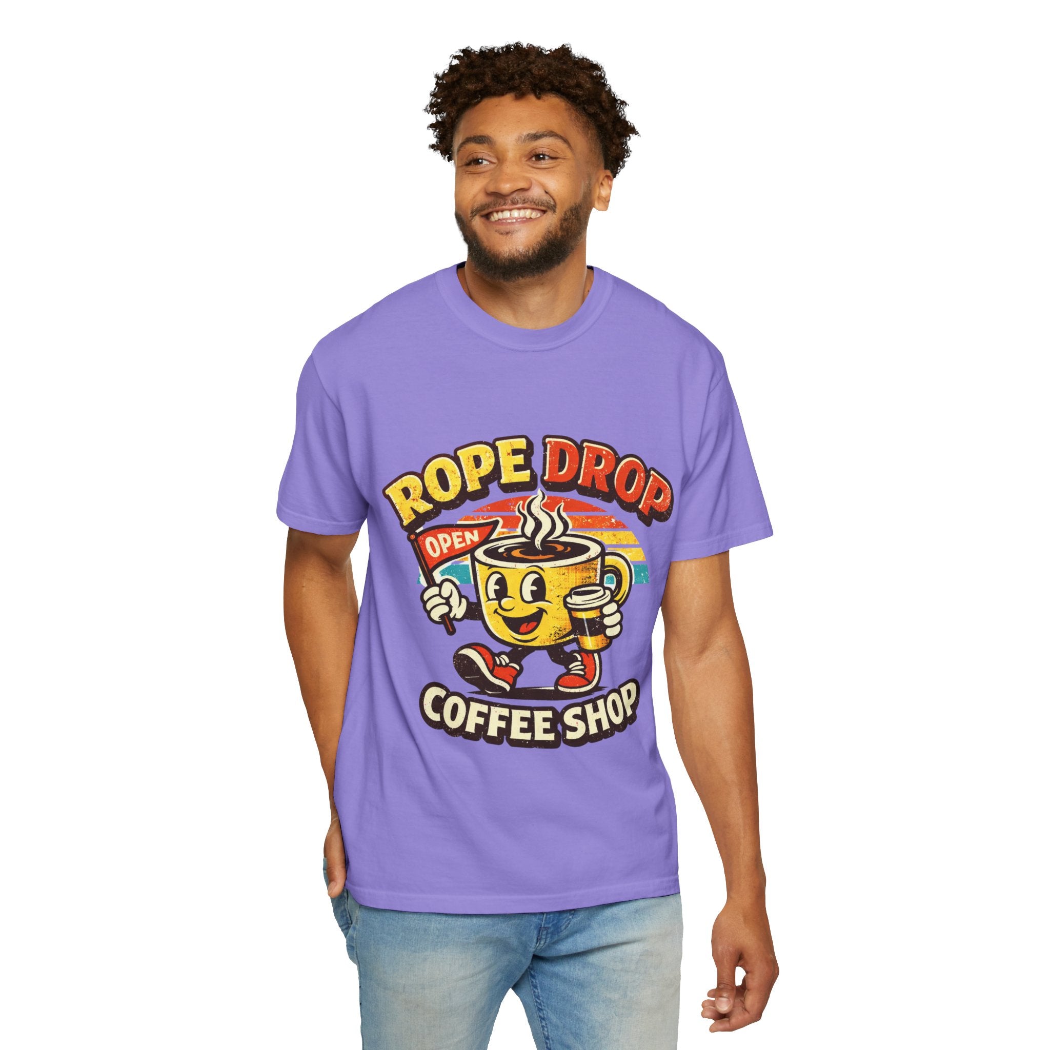 Coffee Shop T‑Shirt — 'Rope Drop' Retro Mascot Logo