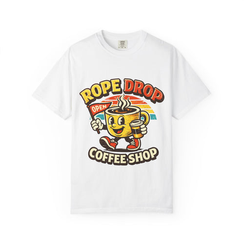 Coffee Shop T‑Shirt — 'Rope Drop' Retro Mascot Logo
