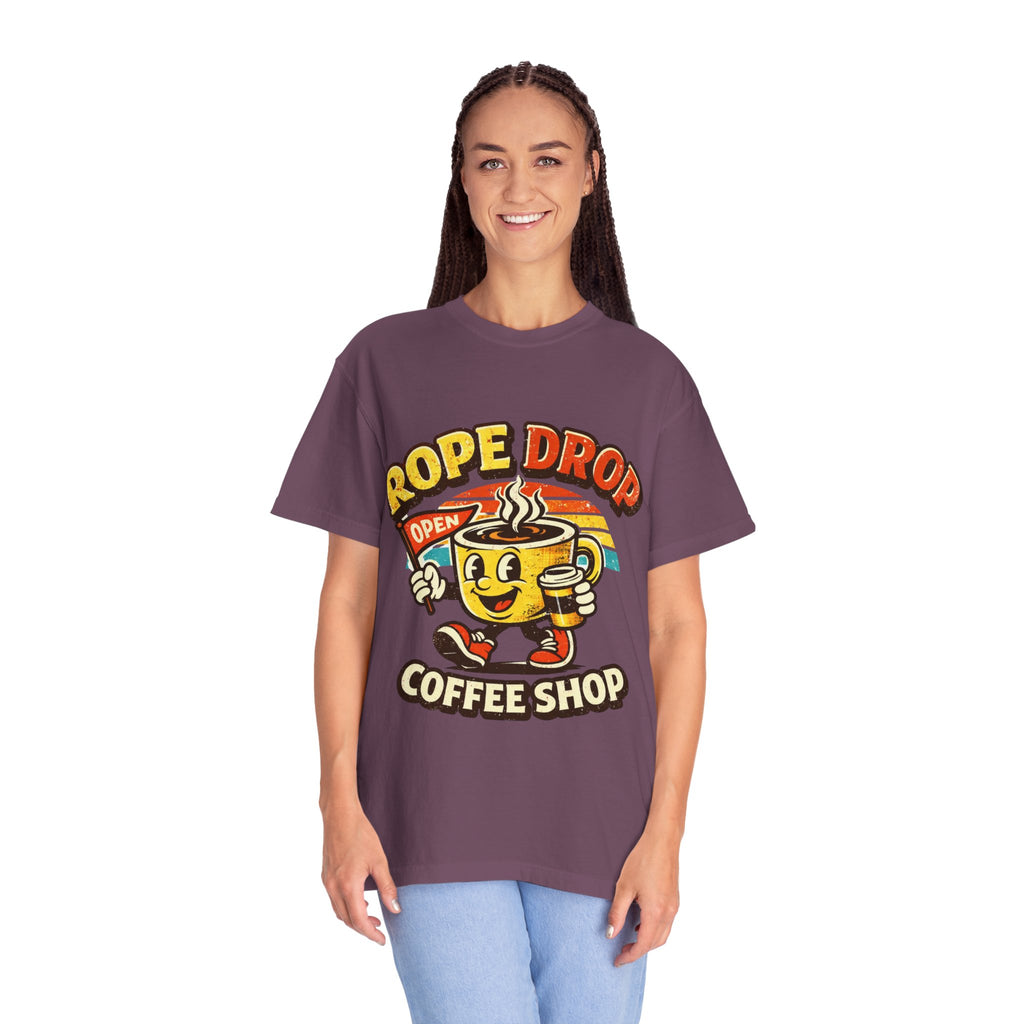 Coffee Shop T‑Shirt — 'Rope Drop' Retro Mascot Logo
