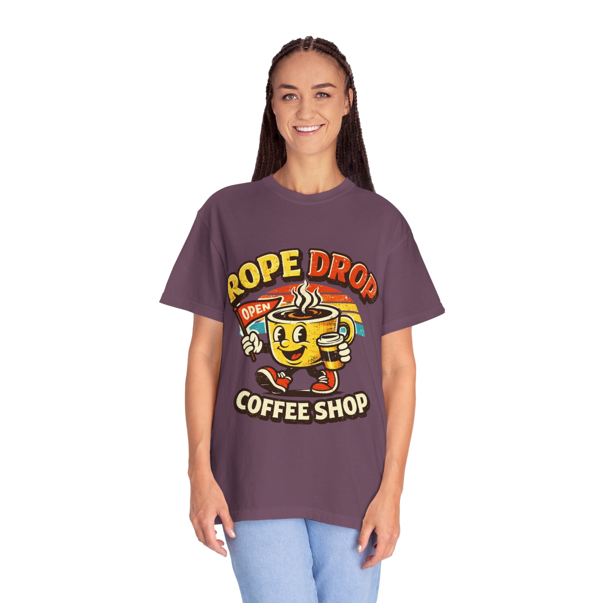 Coffee Shop T‑Shirt — 'Rope Drop' Retro Mascot Logo