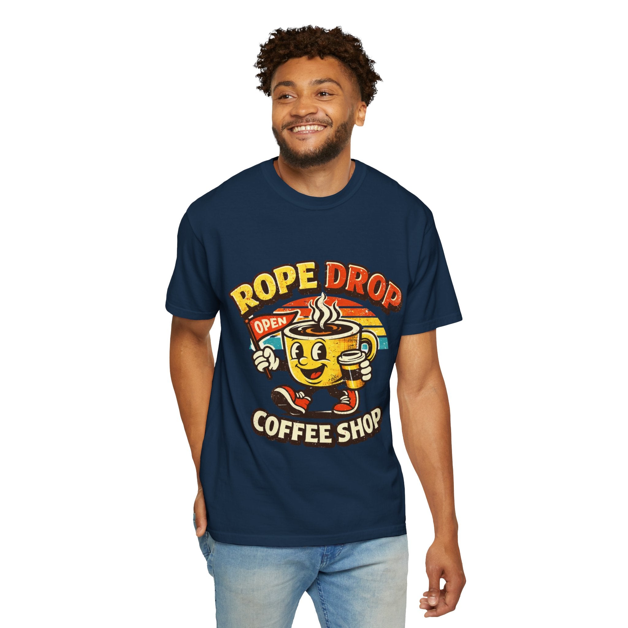 Coffee Shop T‑Shirt — 'Rope Drop' Retro Mascot Logo