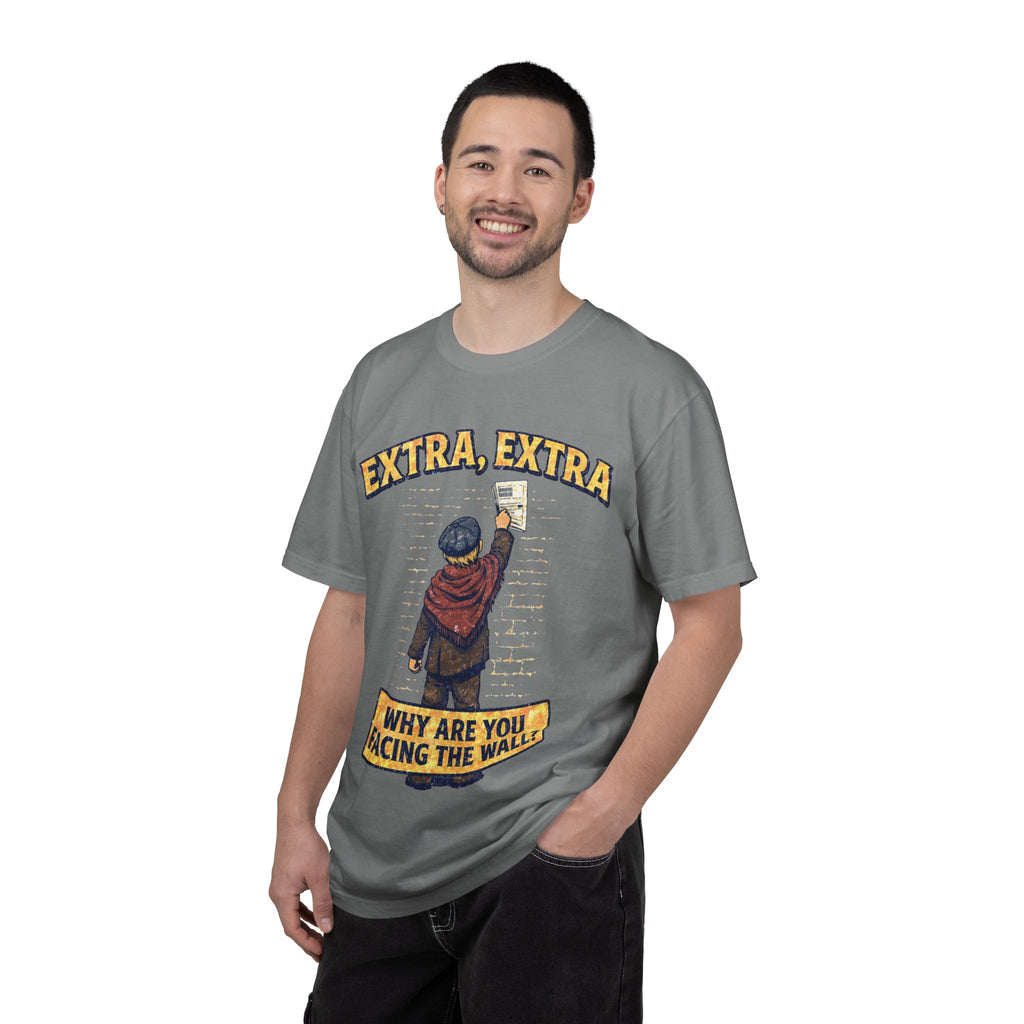 T-Shirt — "Extra, Extra: Why Are You Facing the Wall?" Vintage Newsboy Graphic