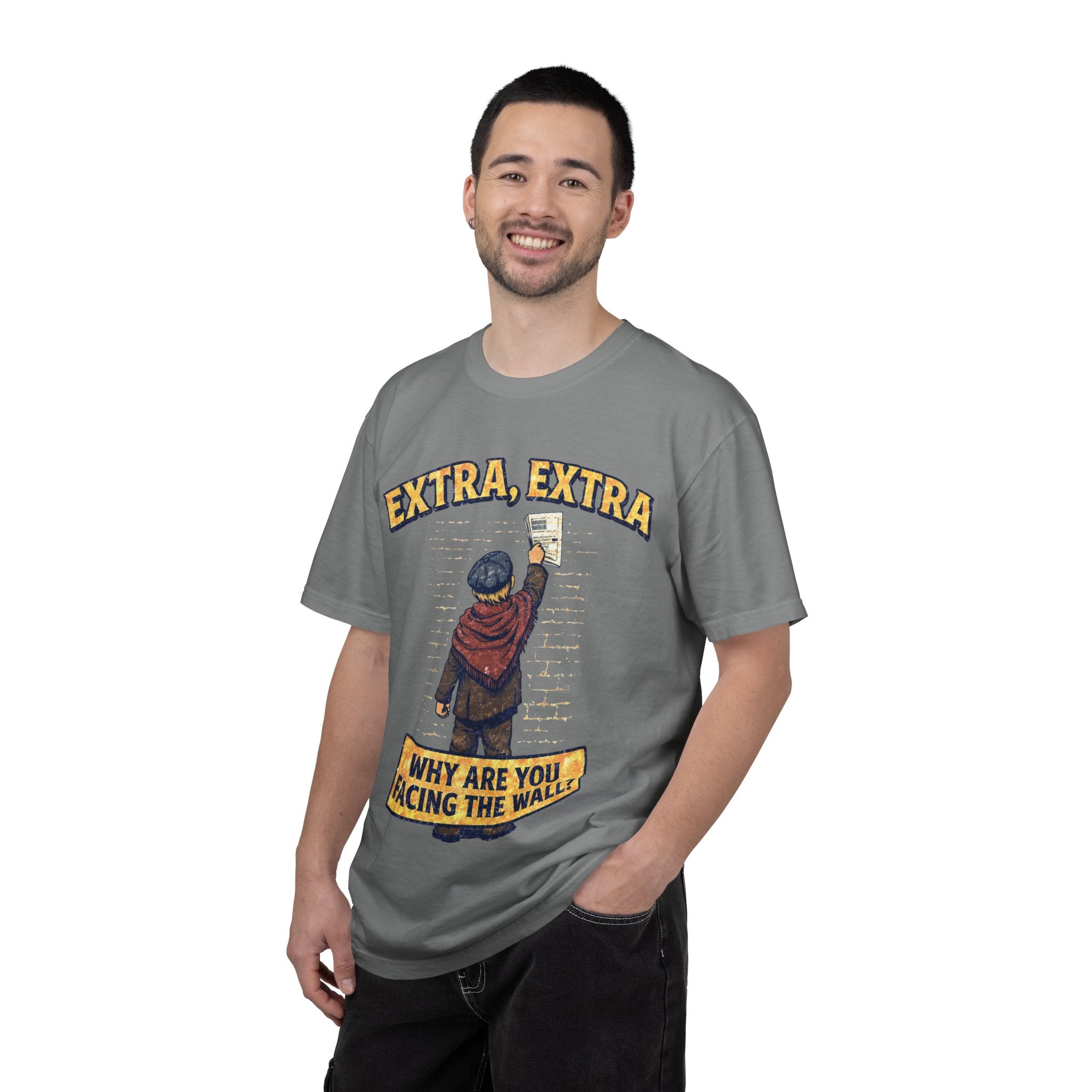 T-Shirt — "Extra, Extra: Why Are You Facing the Wall?" Vintage Newsboy Graphic