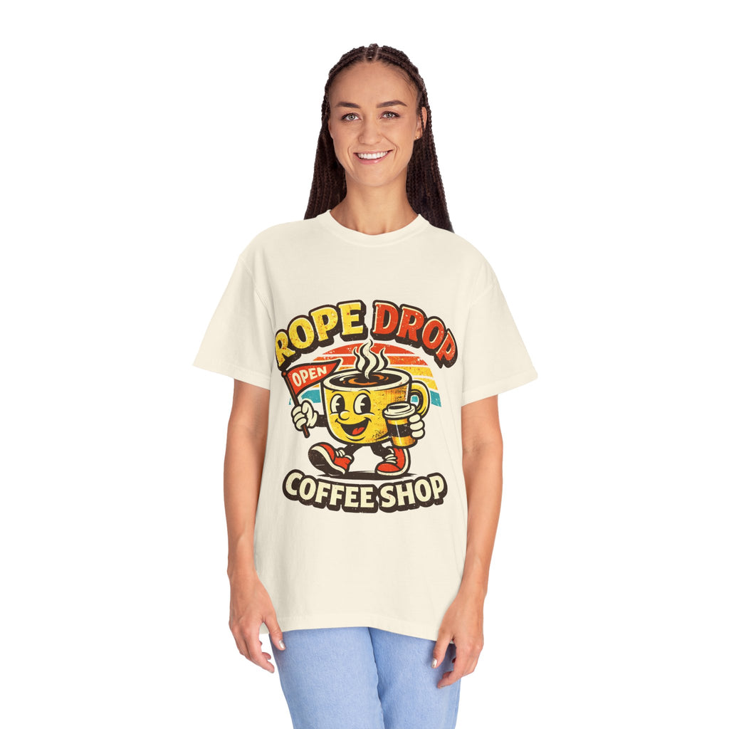 Coffee Shop T‑Shirt — 'Rope Drop' Retro Mascot Logo