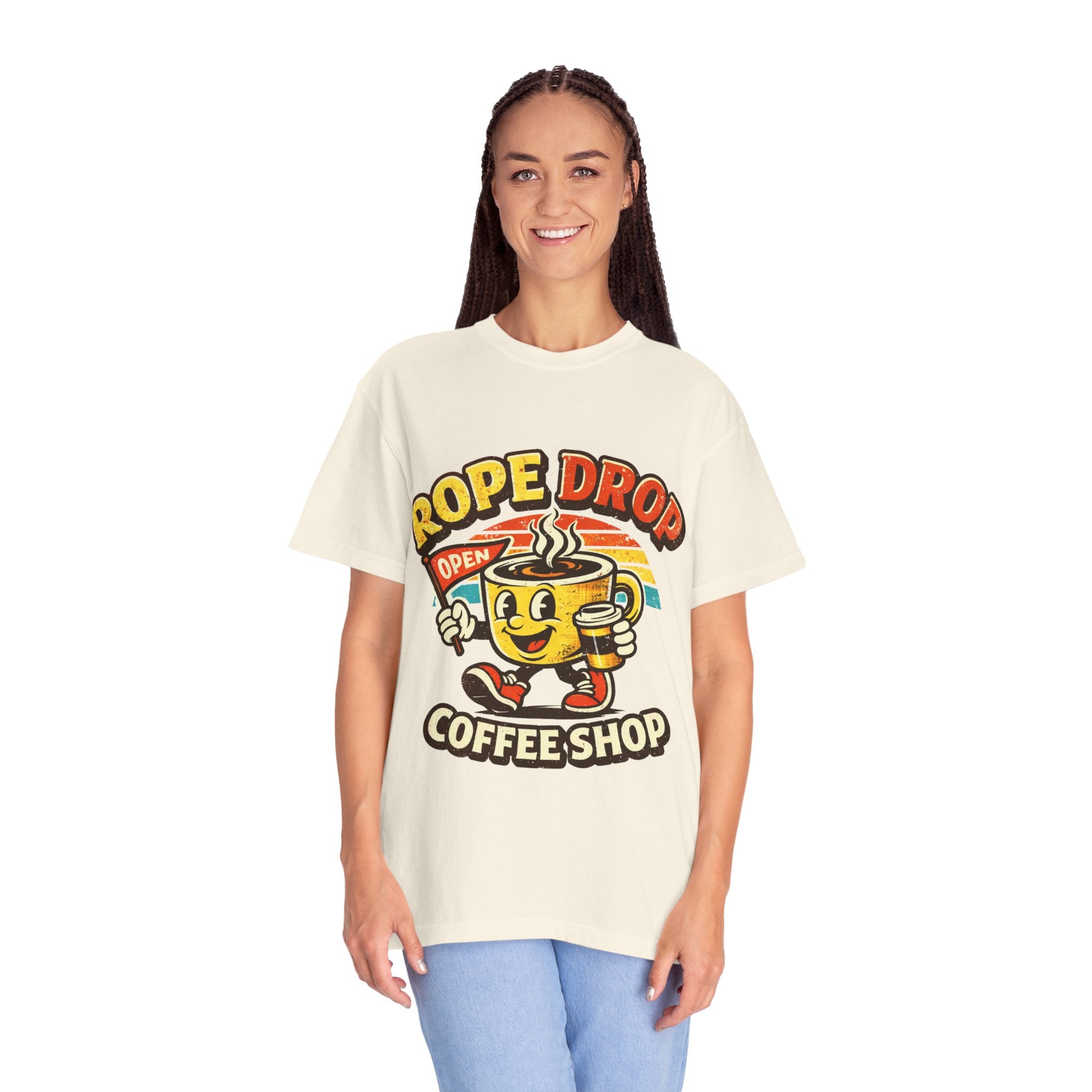 Coffee Shop T‑Shirt — 'Rope Drop' Retro Mascot Logo