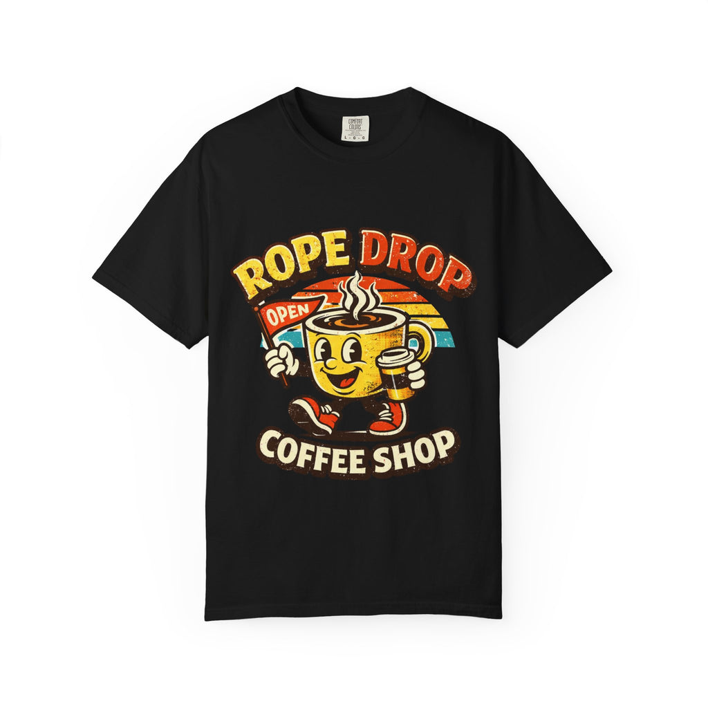 Coffee Shop T‑Shirt — 'Rope Drop' Retro Mascot Logo