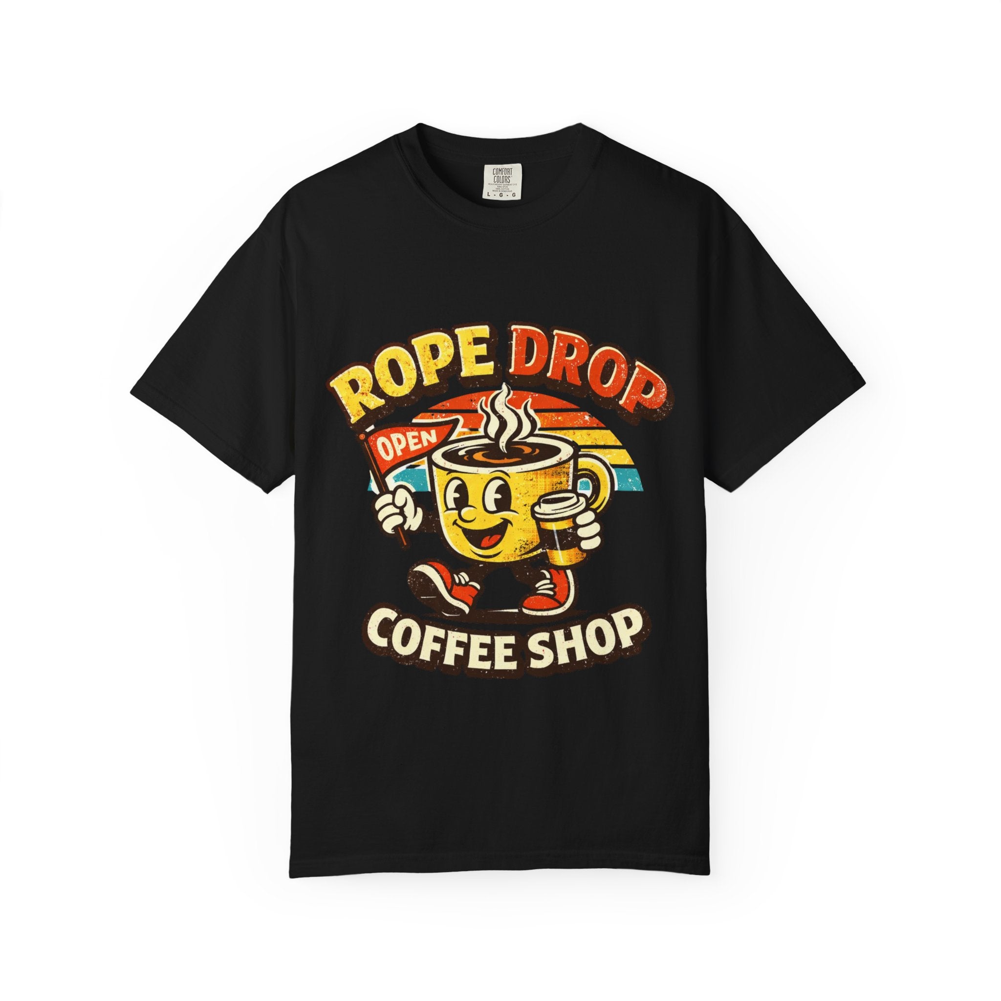 Coffee Shop T‑Shirt — 'Rope Drop' Retro Mascot Logo