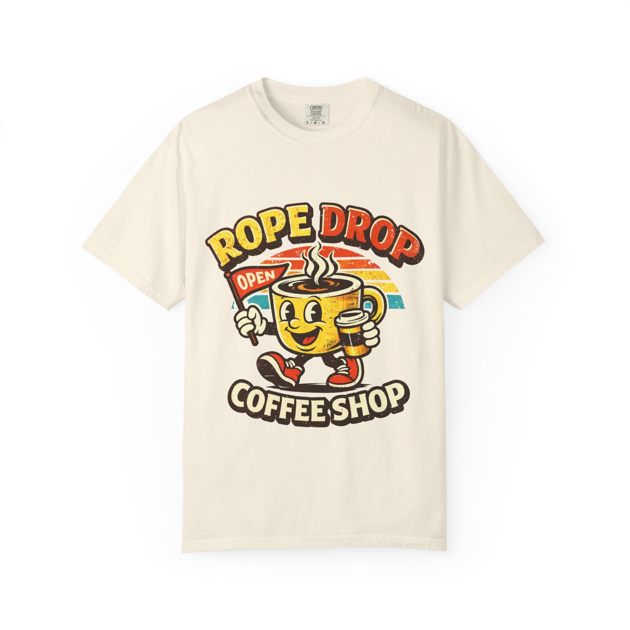 Coffee Shop T‑Shirt — 'Rope Drop' Retro Mascot Logo