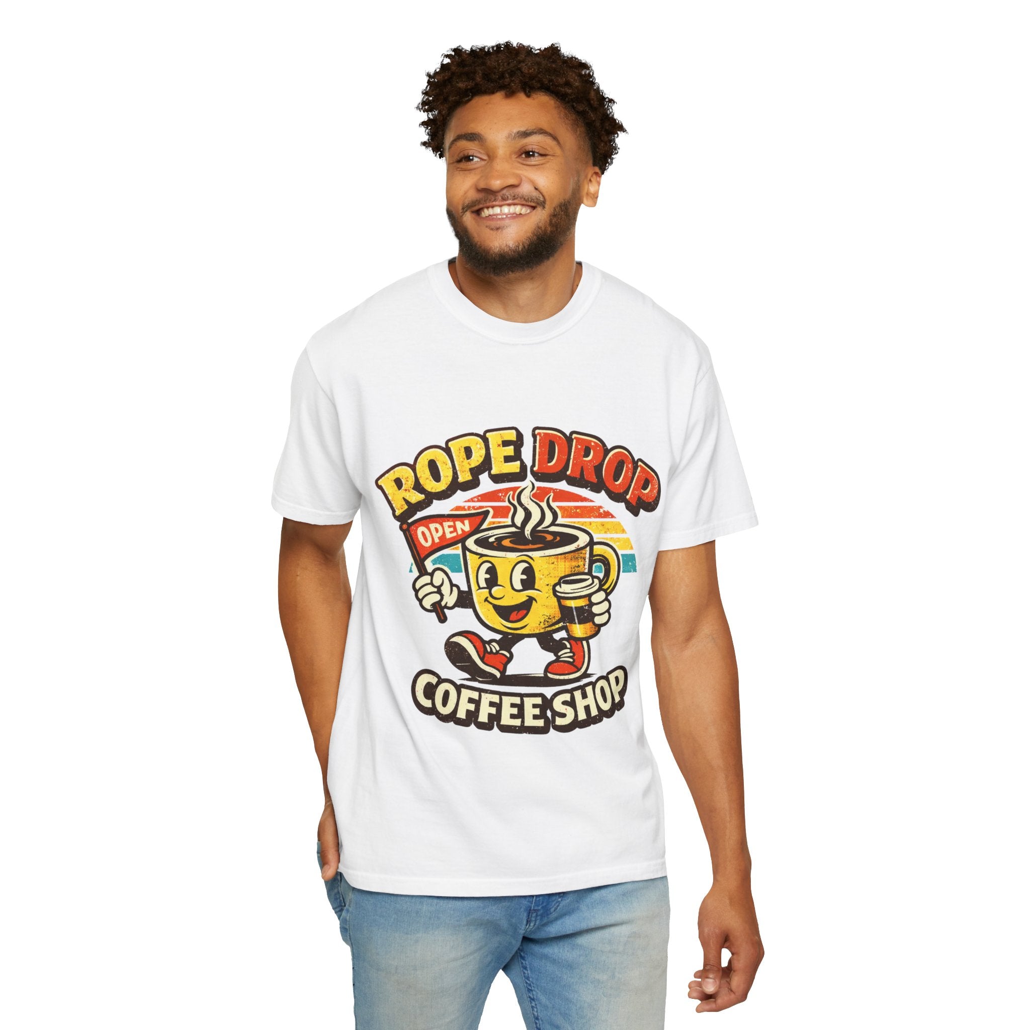 Coffee Shop T‑Shirt — 'Rope Drop' Retro Mascot Logo