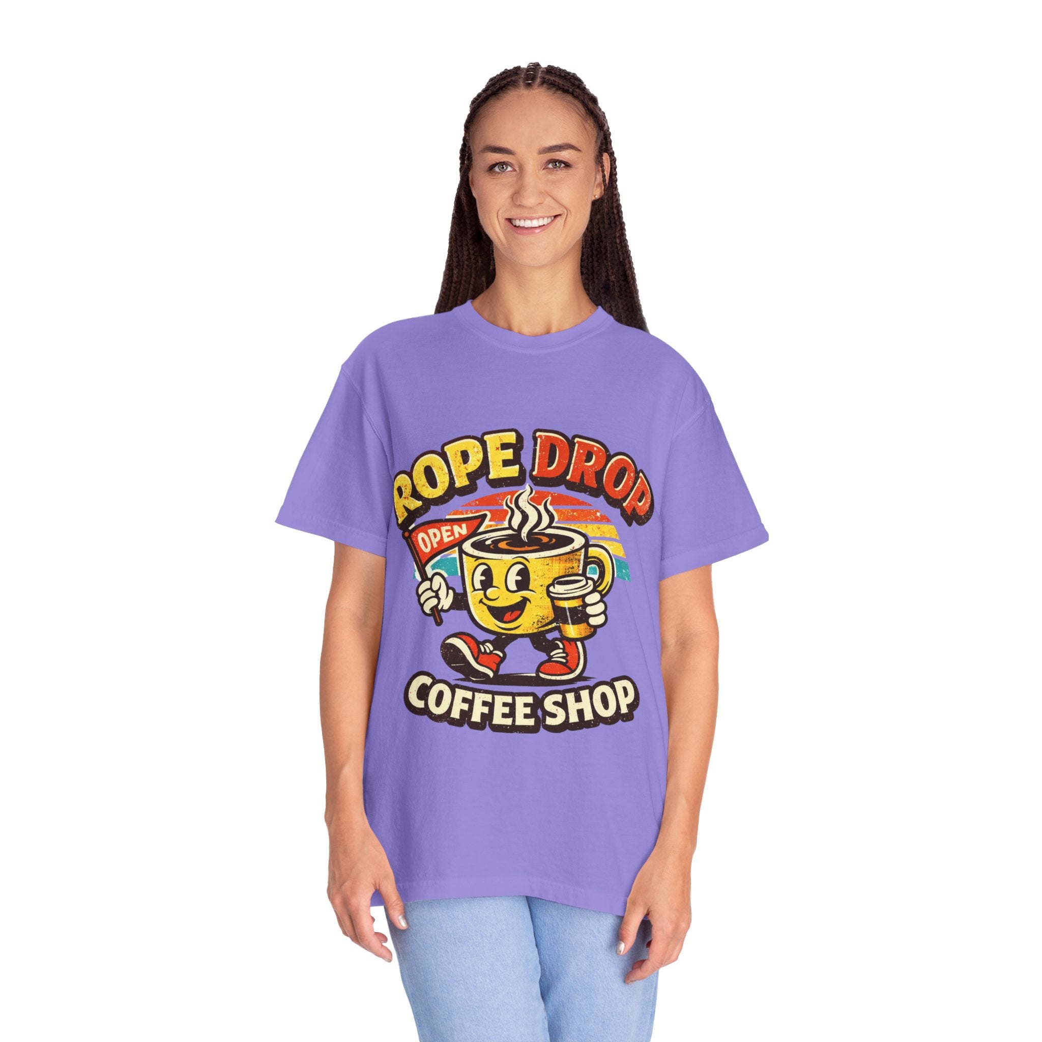 Coffee Shop T‑Shirt — 'Rope Drop' Retro Mascot Logo
