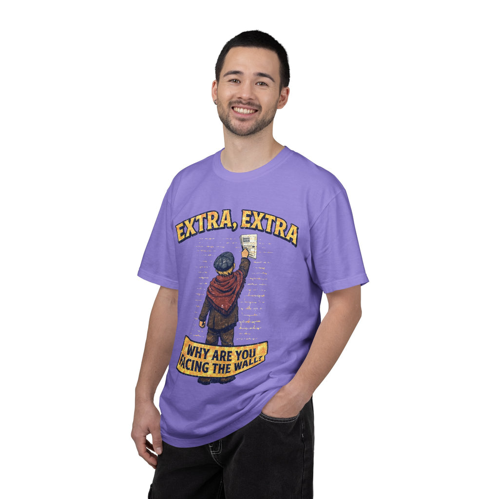 T-Shirt — "Extra, Extra: Why Are You Facing the Wall?" Vintage Newsboy Graphic