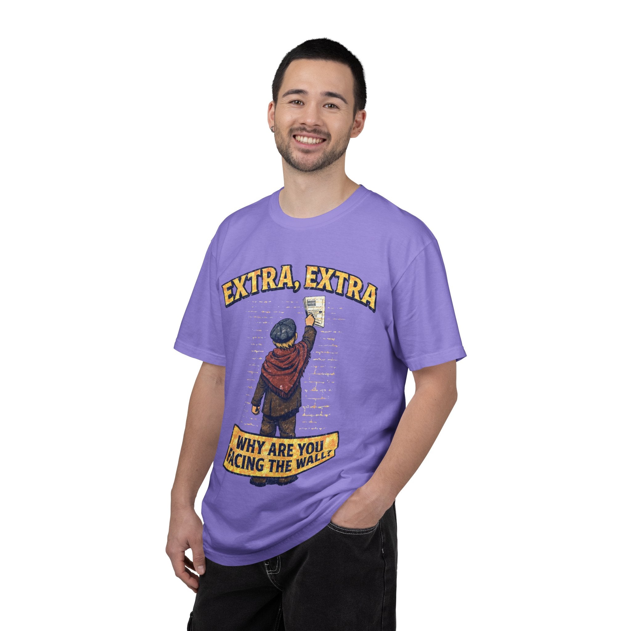 T-Shirt — "Extra, Extra: Why Are You Facing the Wall?" Vintage Newsboy Graphic