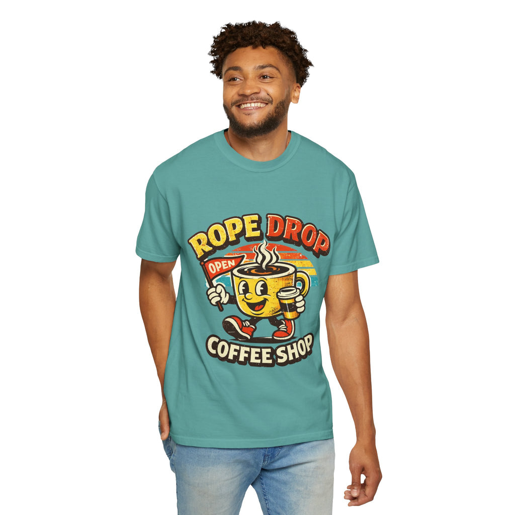 Coffee Shop T‑Shirt — 'Rope Drop' Retro Mascot Logo