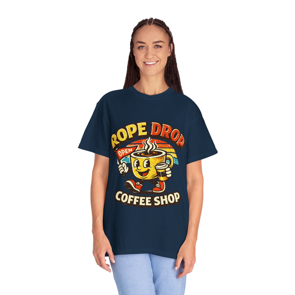 Coffee Shop T‑Shirt — 'Rope Drop' Retro Mascot Logo