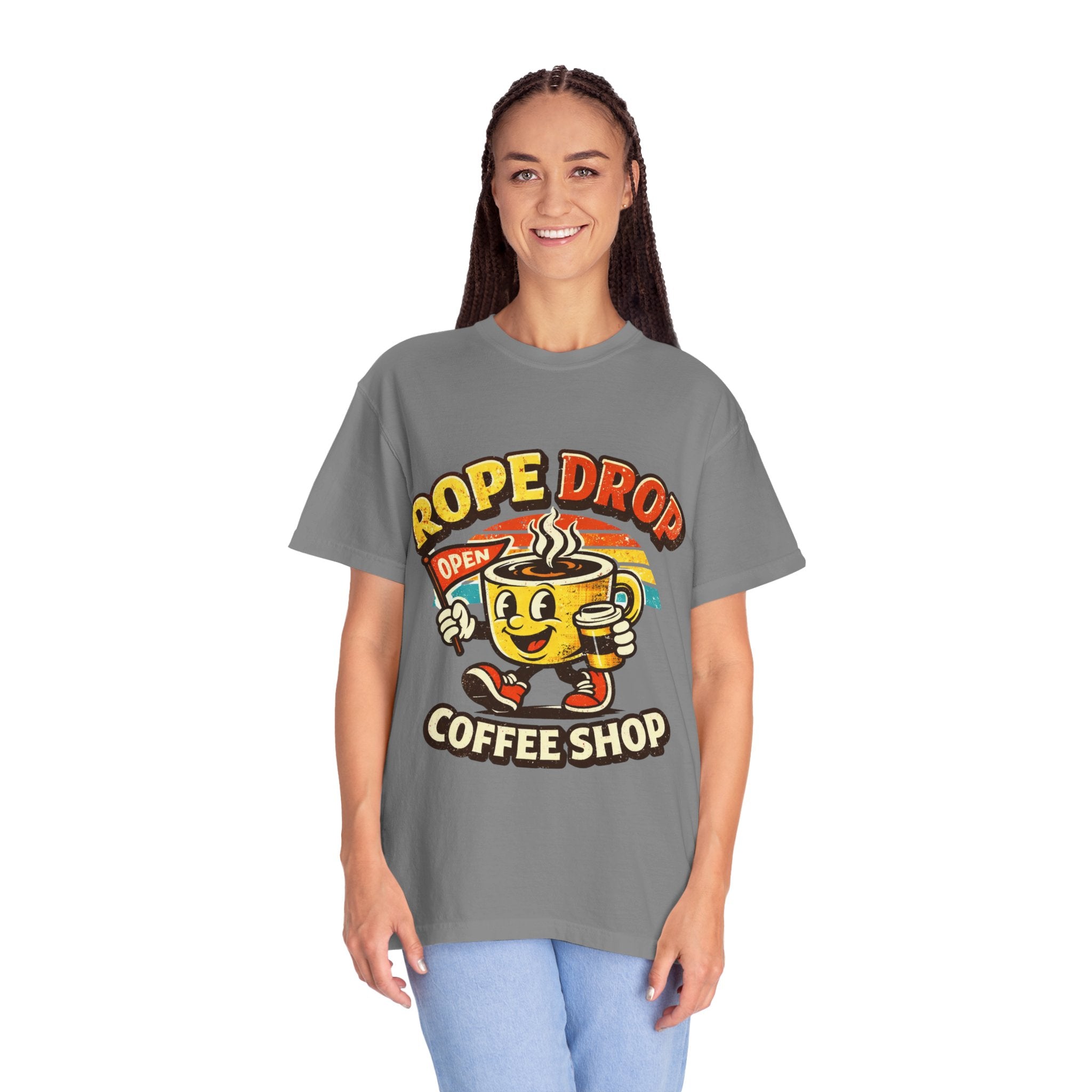 Coffee Shop T‑Shirt — 'Rope Drop' Retro Mascot Logo