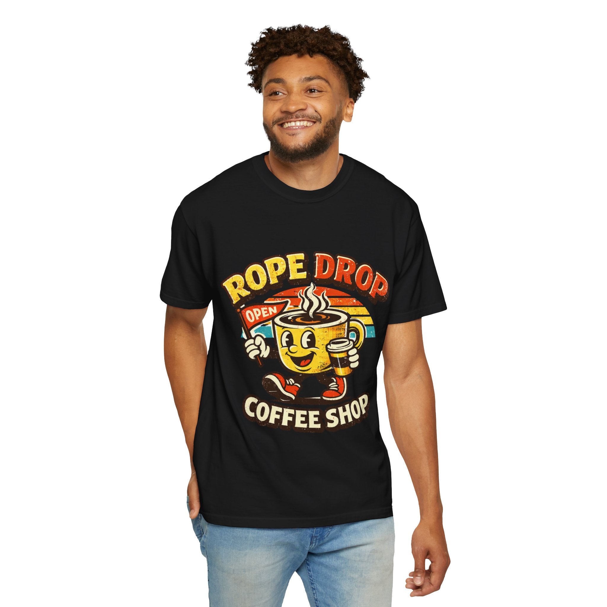 Coffee Shop T‑Shirt — 'Rope Drop' Retro Mascot Logo