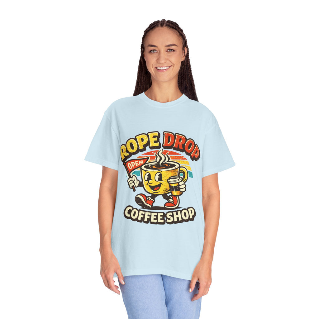 Coffee Shop T‑Shirt — 'Rope Drop' Retro Mascot Logo