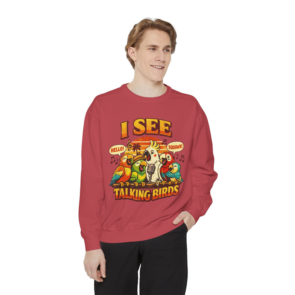 I See Talking Birds Sweatshirt — Colorful Parrot Graphic Pullover
