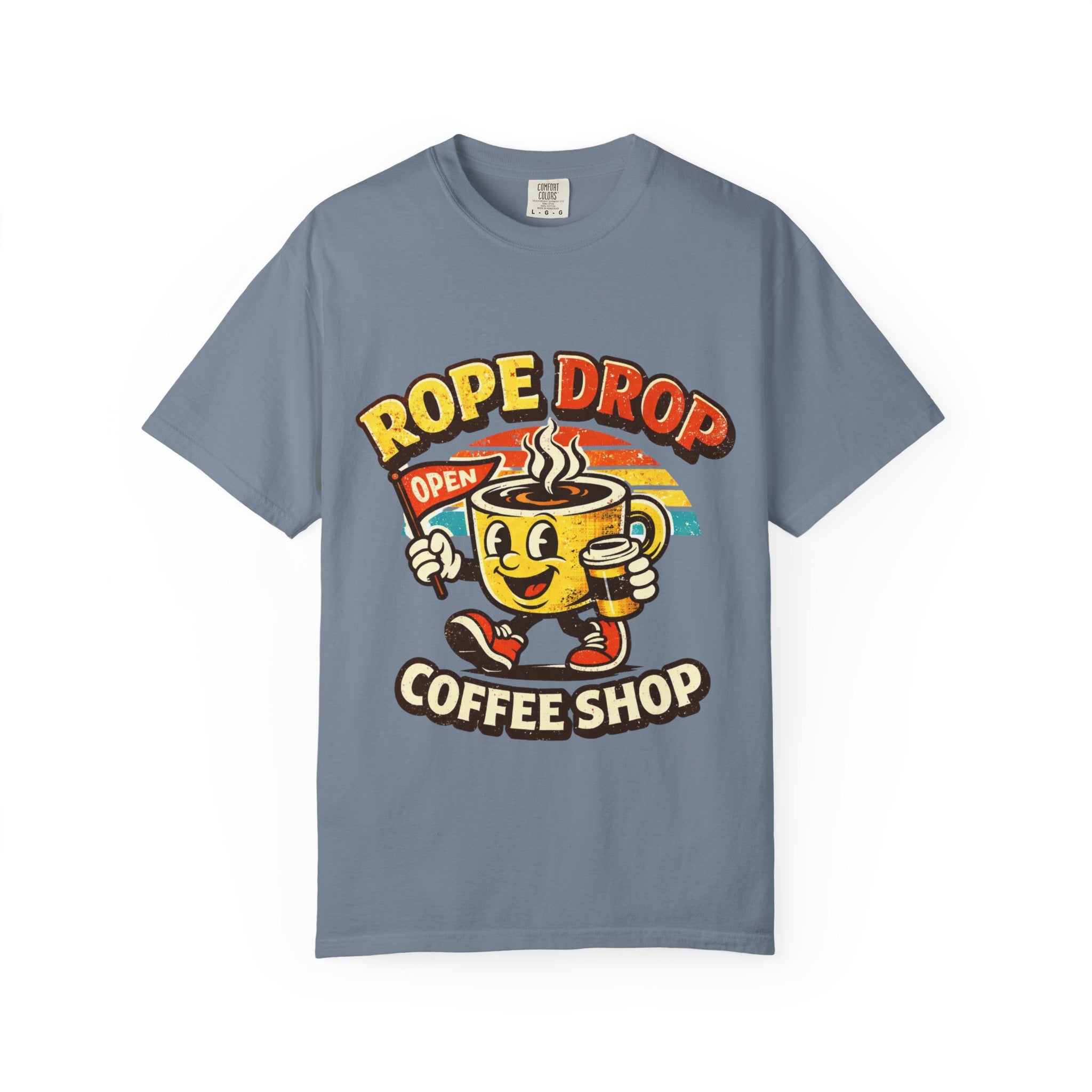 Coffee Shop T‑Shirt — 'Rope Drop' Retro Mascot Logo