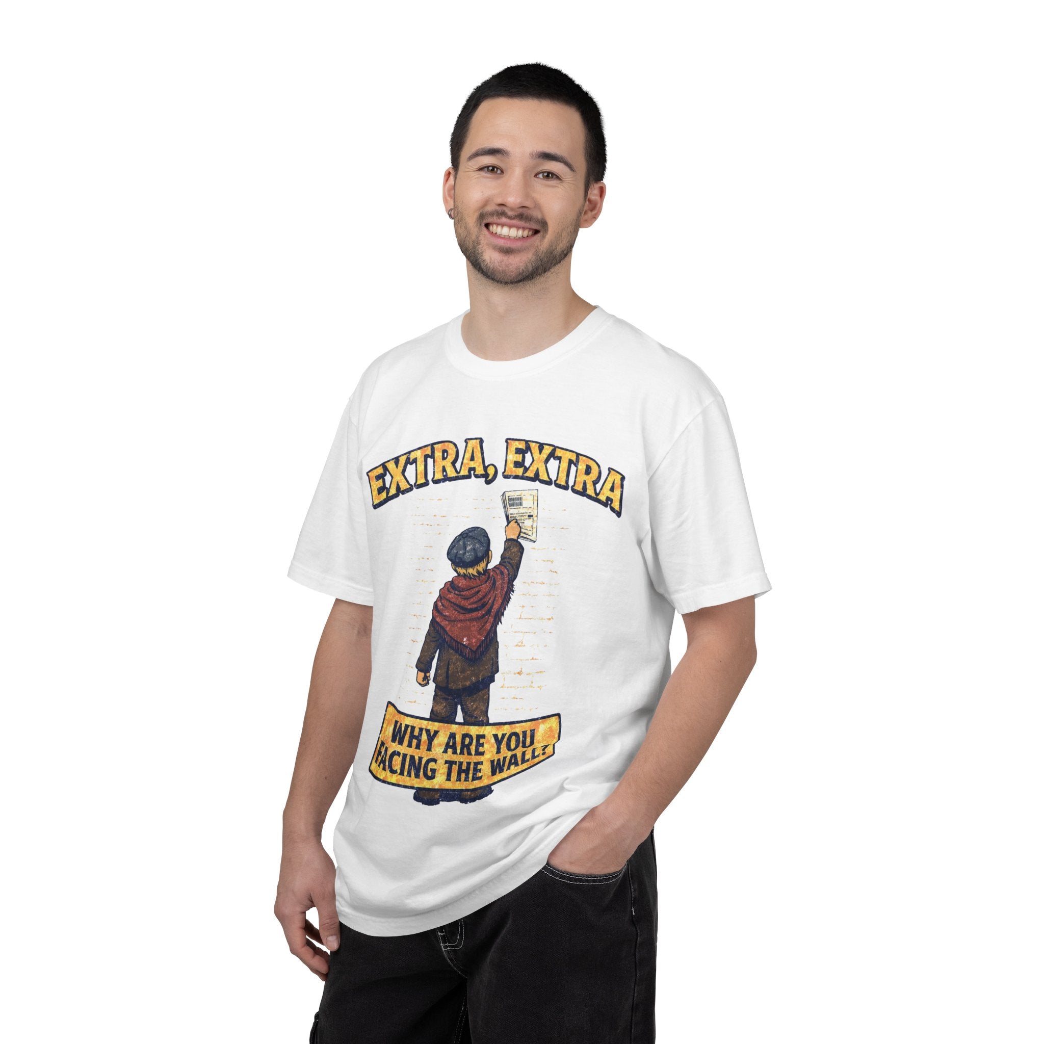 T-Shirt — "Extra, Extra: Why Are You Facing the Wall?" Vintage Newsboy Graphic
