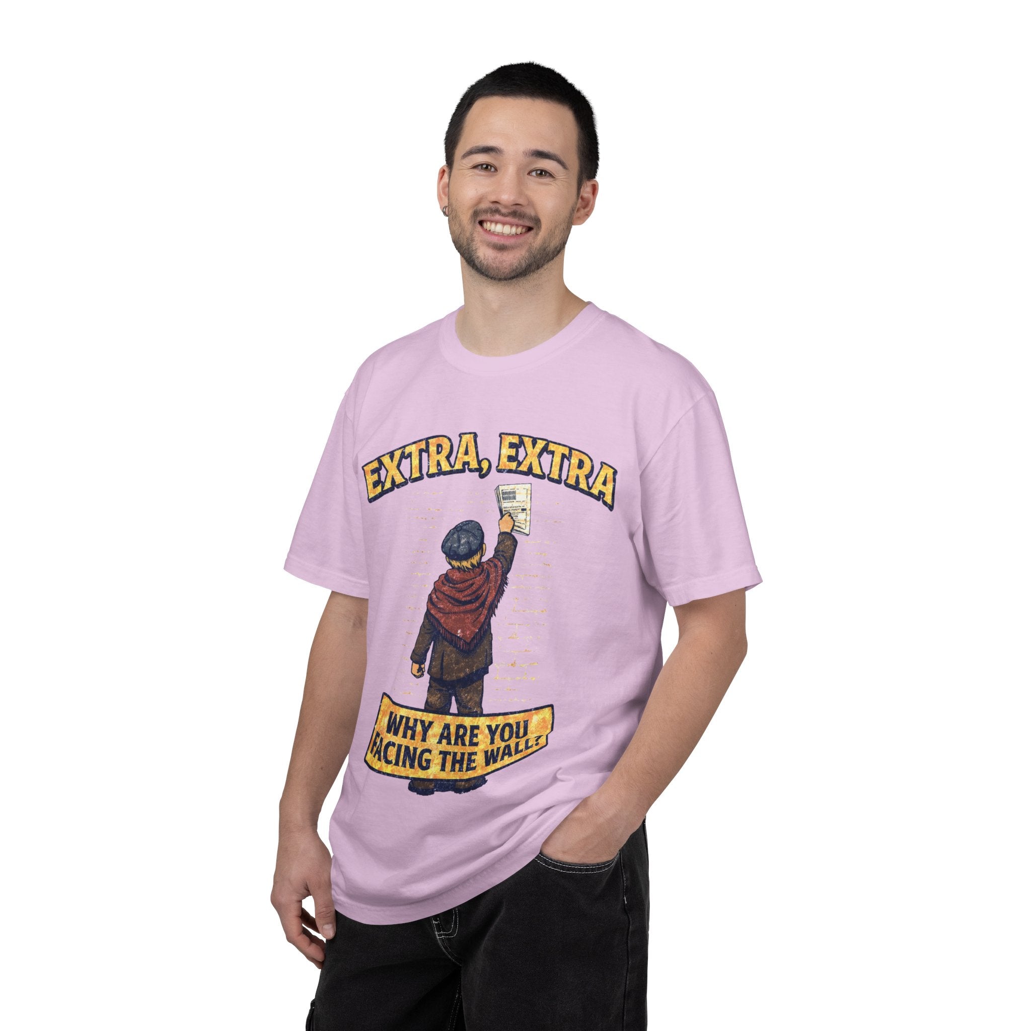 T-Shirt — "Extra, Extra: Why Are You Facing the Wall?" Vintage Newsboy Graphic