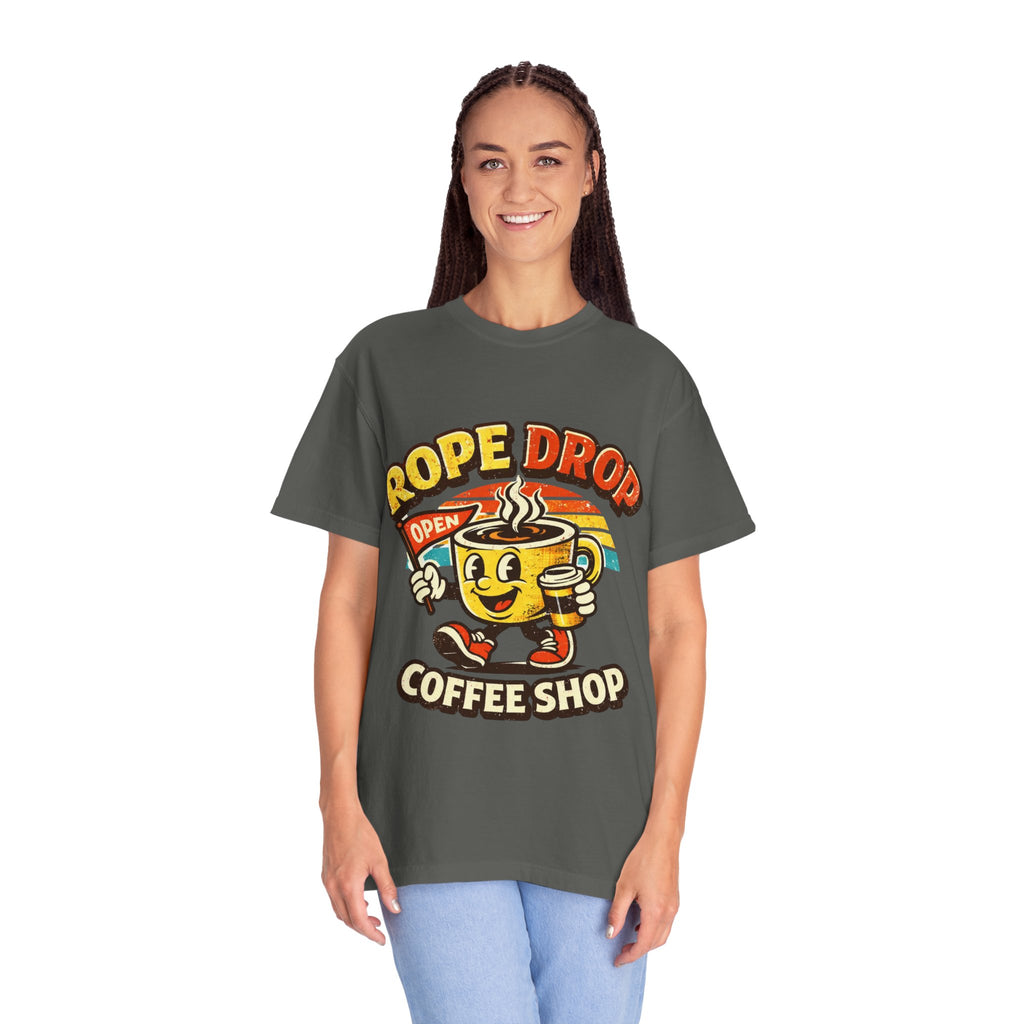 Coffee Shop T‑Shirt — 'Rope Drop' Retro Mascot Logo