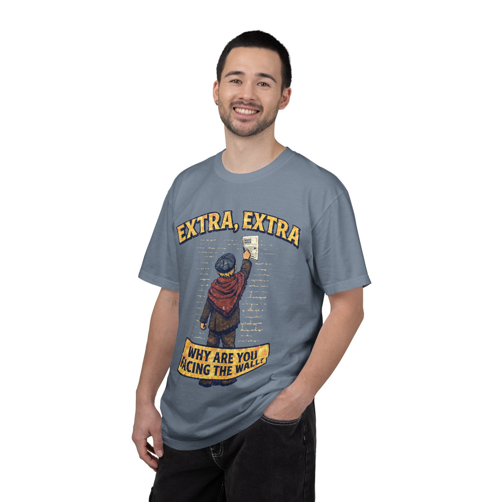 T-Shirt — "Extra, Extra: Why Are You Facing the Wall?" Vintage Newsboy Graphic