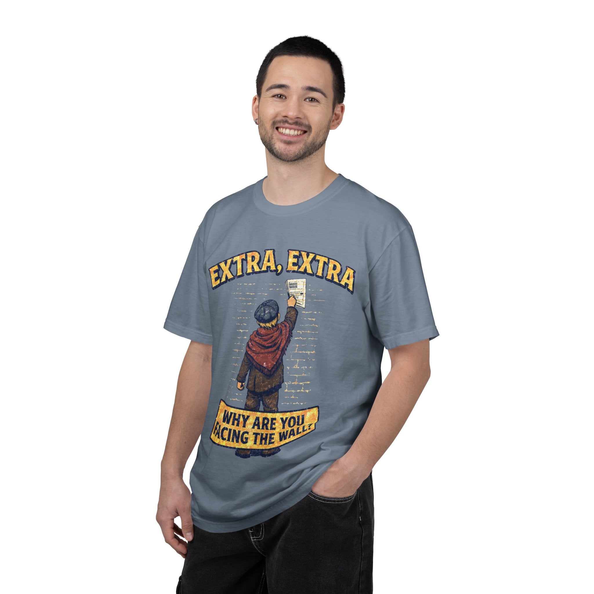 T-Shirt — "Extra, Extra: Why Are You Facing the Wall?" Vintage Newsboy Graphic