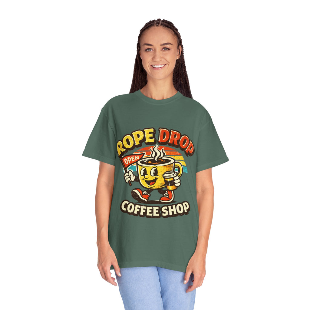 Coffee Shop T‑Shirt — 'Rope Drop' Retro Mascot Logo