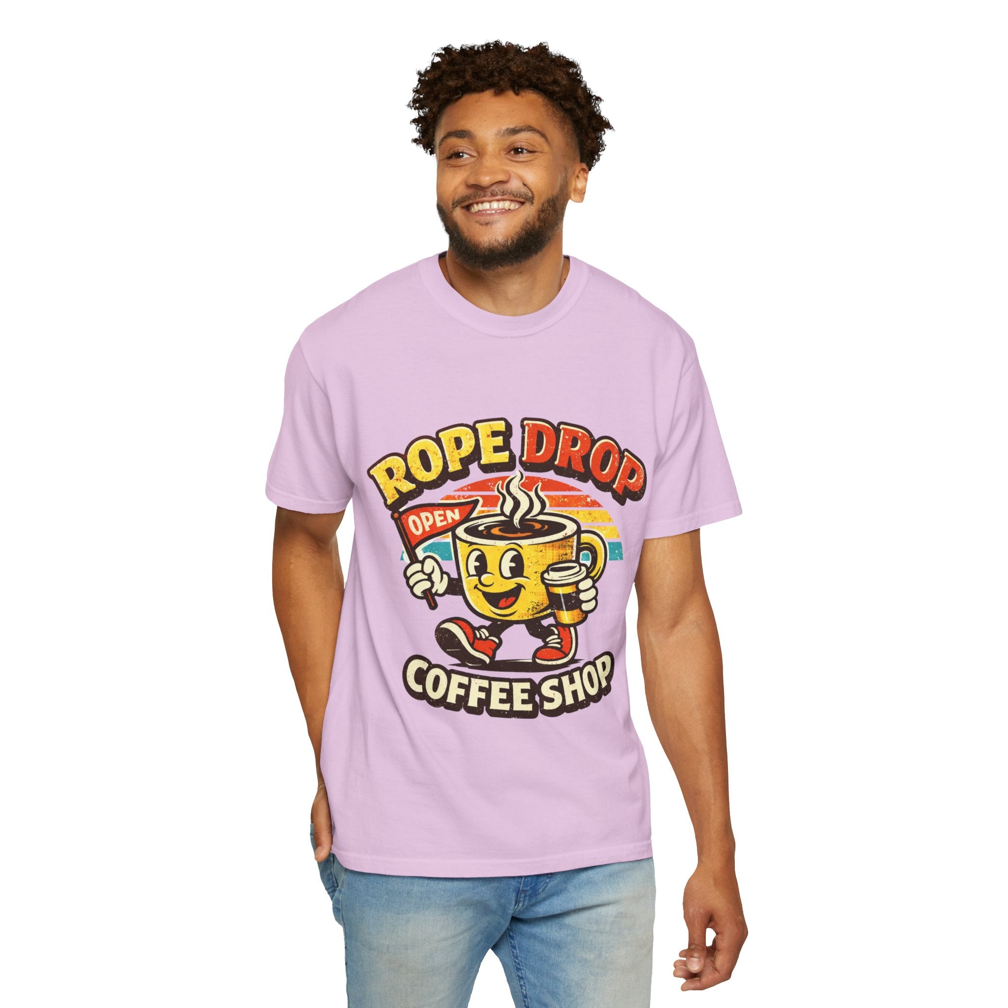 Coffee Shop T‑Shirt — 'Rope Drop' Retro Mascot Logo