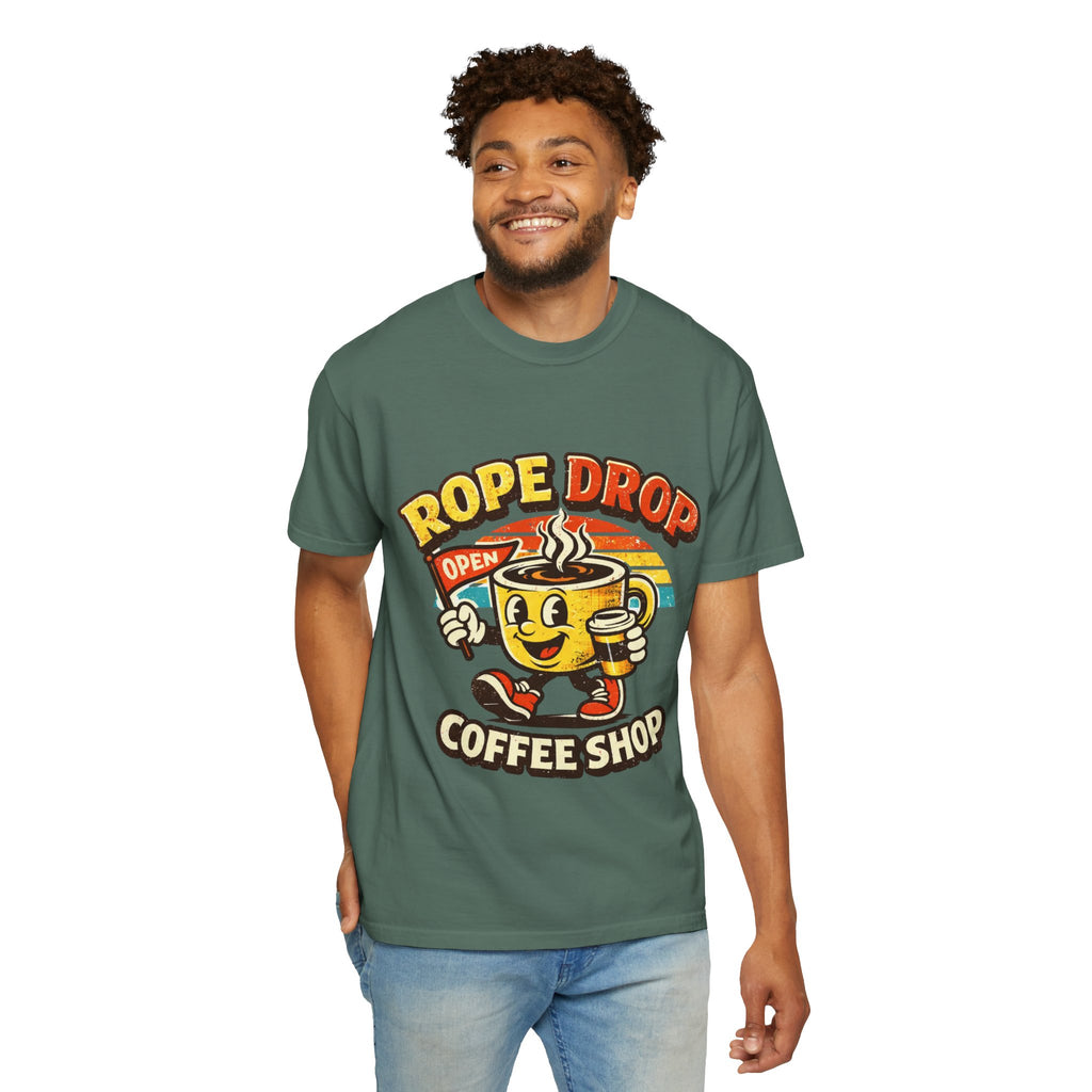 Coffee Shop T‑Shirt — 'Rope Drop' Retro Mascot Logo