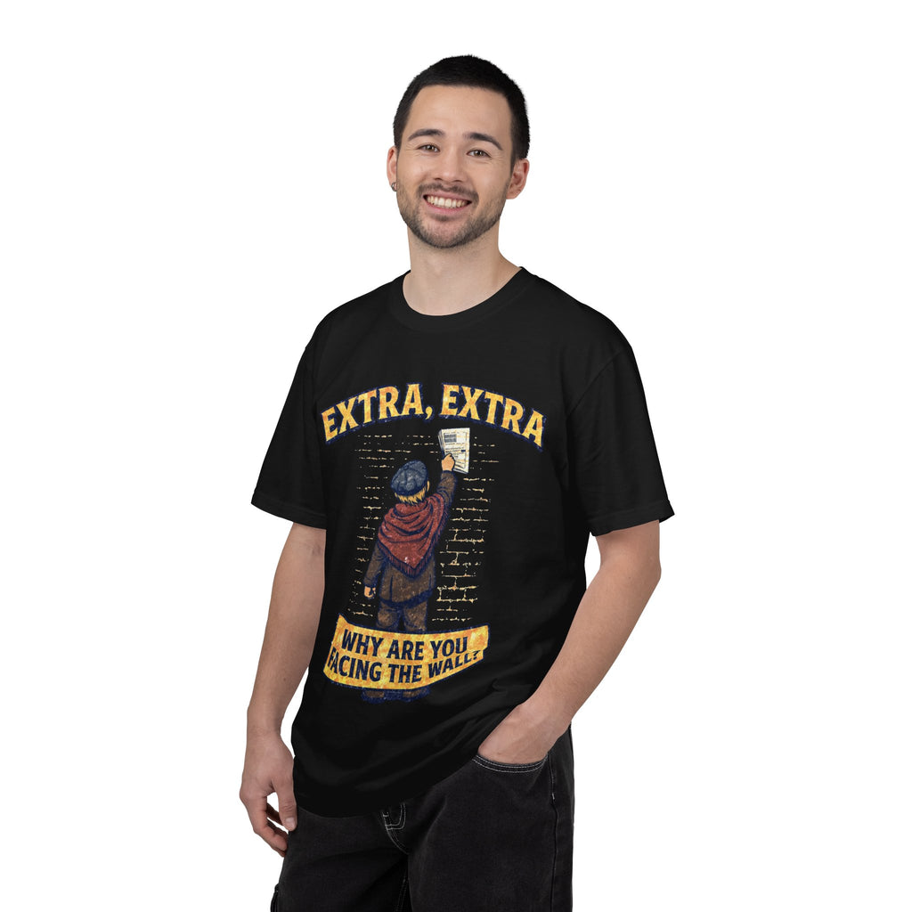 T-Shirt — "Extra, Extra: Why Are You Facing the Wall?" Vintage Newsboy Graphic