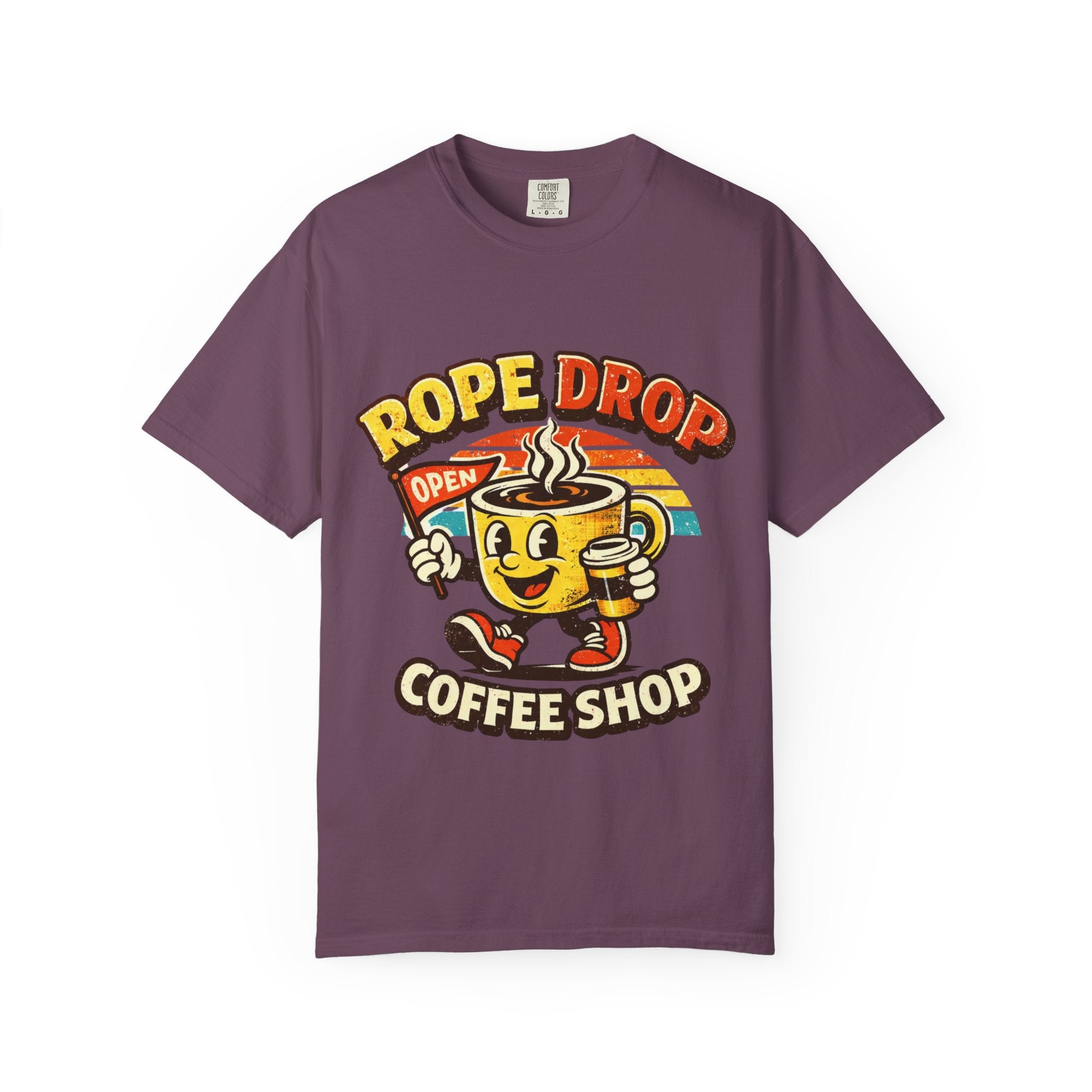 Coffee Shop T‑Shirt — 'Rope Drop' Retro Mascot Logo