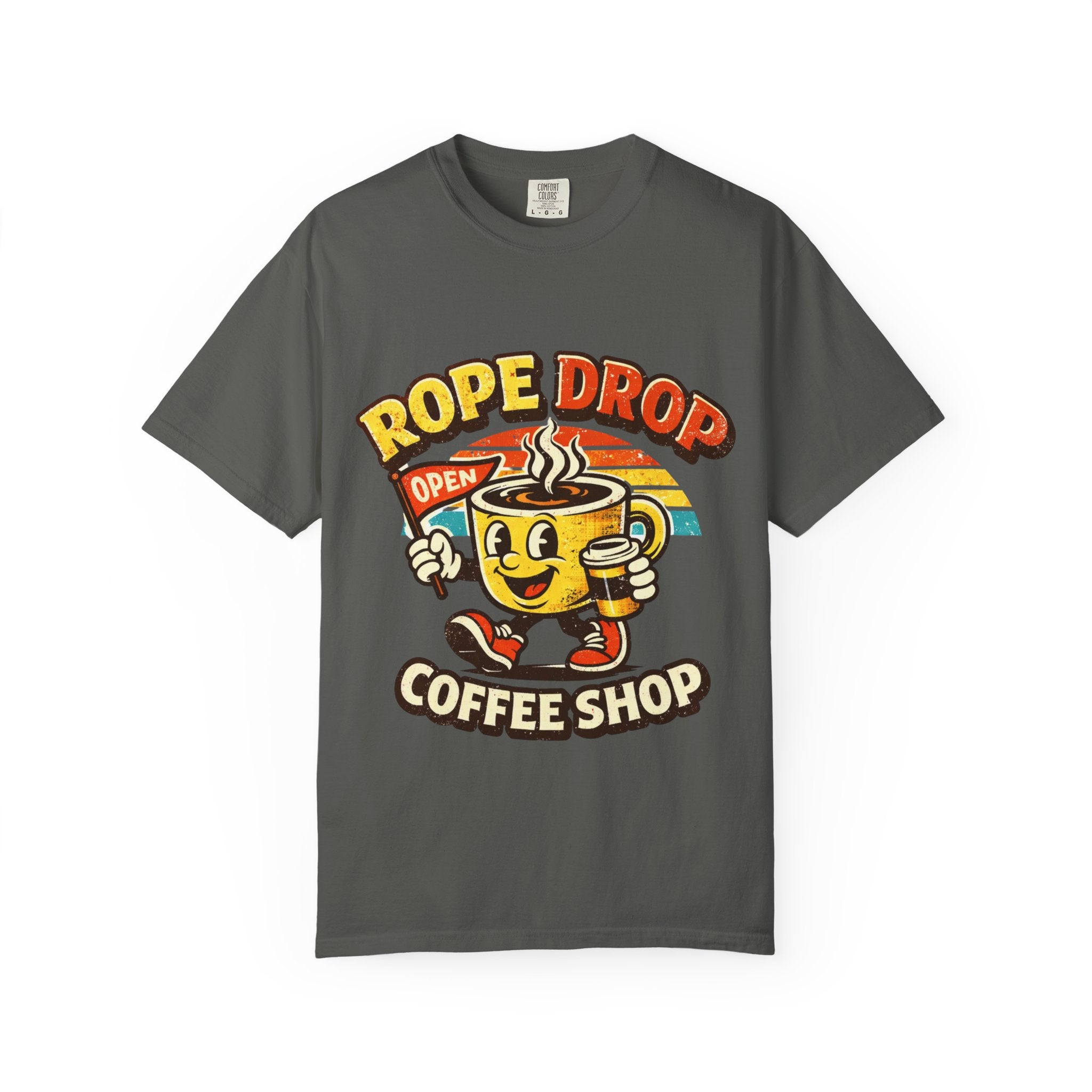 Coffee Shop T‑Shirt — 'Rope Drop' Retro Mascot Logo
