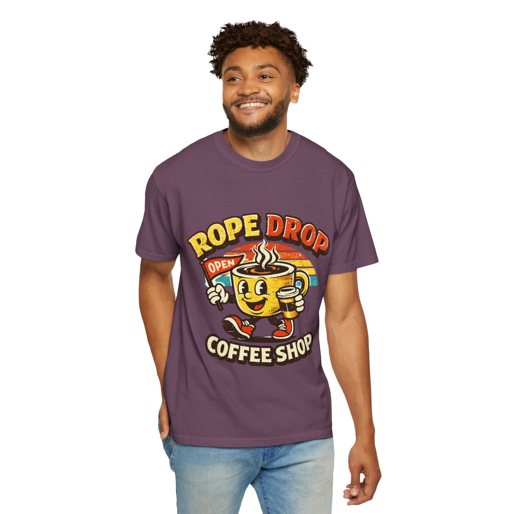 Coffee Shop T‑Shirt — 'Rope Drop' Retro Mascot Logo