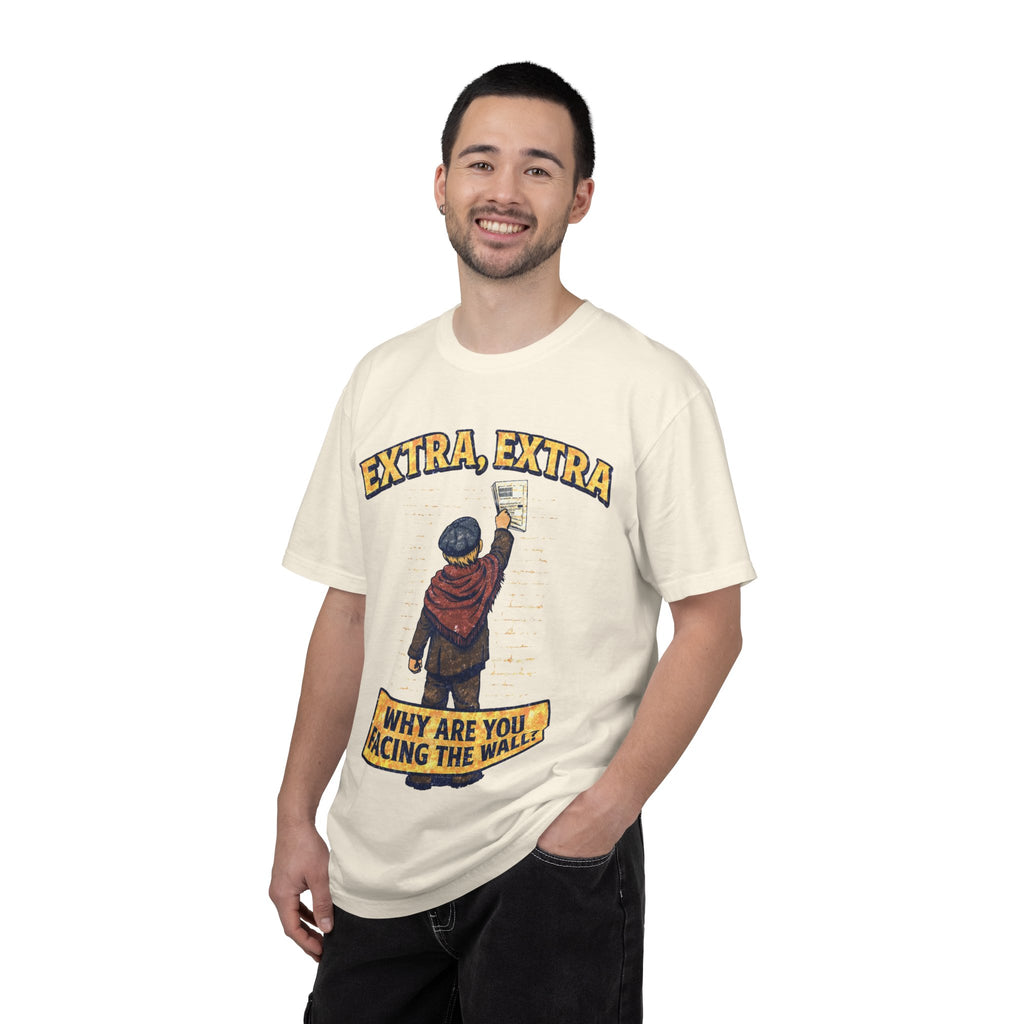 T-Shirt — "Extra, Extra: Why Are You Facing the Wall?" Vintage Newsboy Graphic