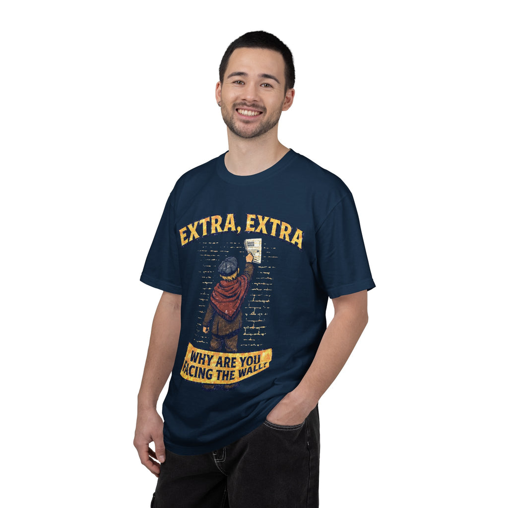 T-Shirt — "Extra, Extra: Why Are You Facing the Wall?" Vintage Newsboy Graphic