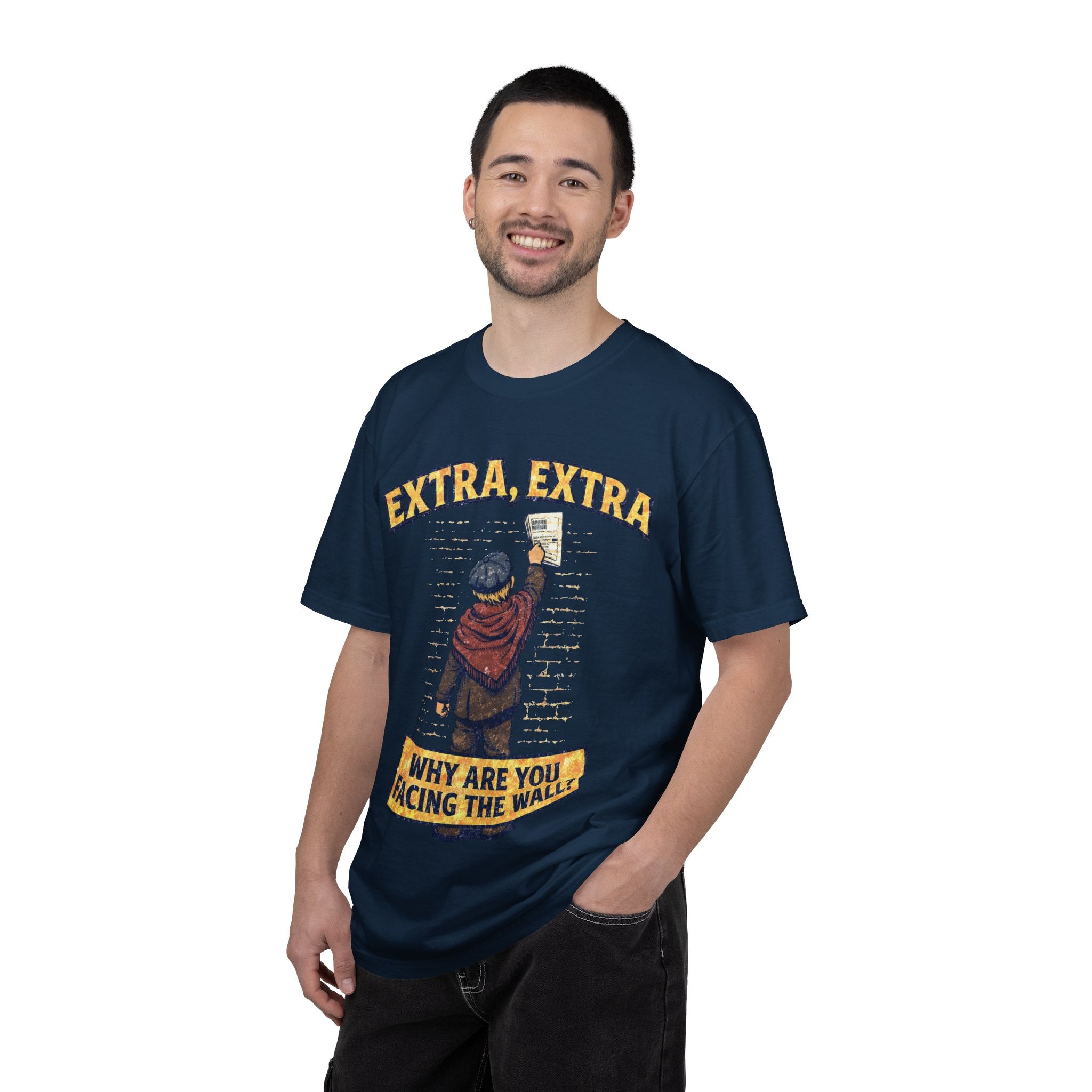 T-Shirt — "Extra, Extra: Why Are You Facing the Wall?" Vintage Newsboy Graphic