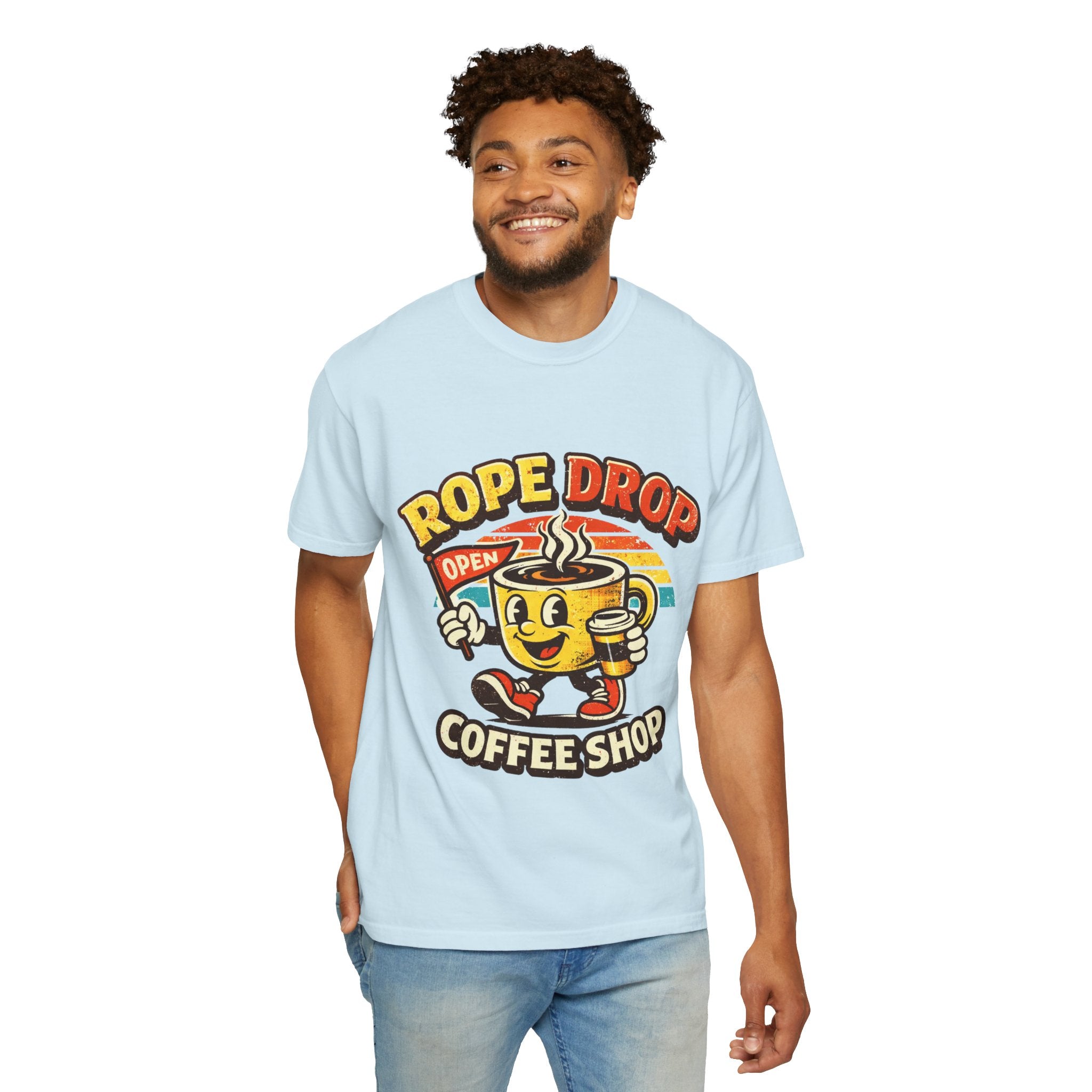 Coffee Shop T‑Shirt — 'Rope Drop' Retro Mascot Logo